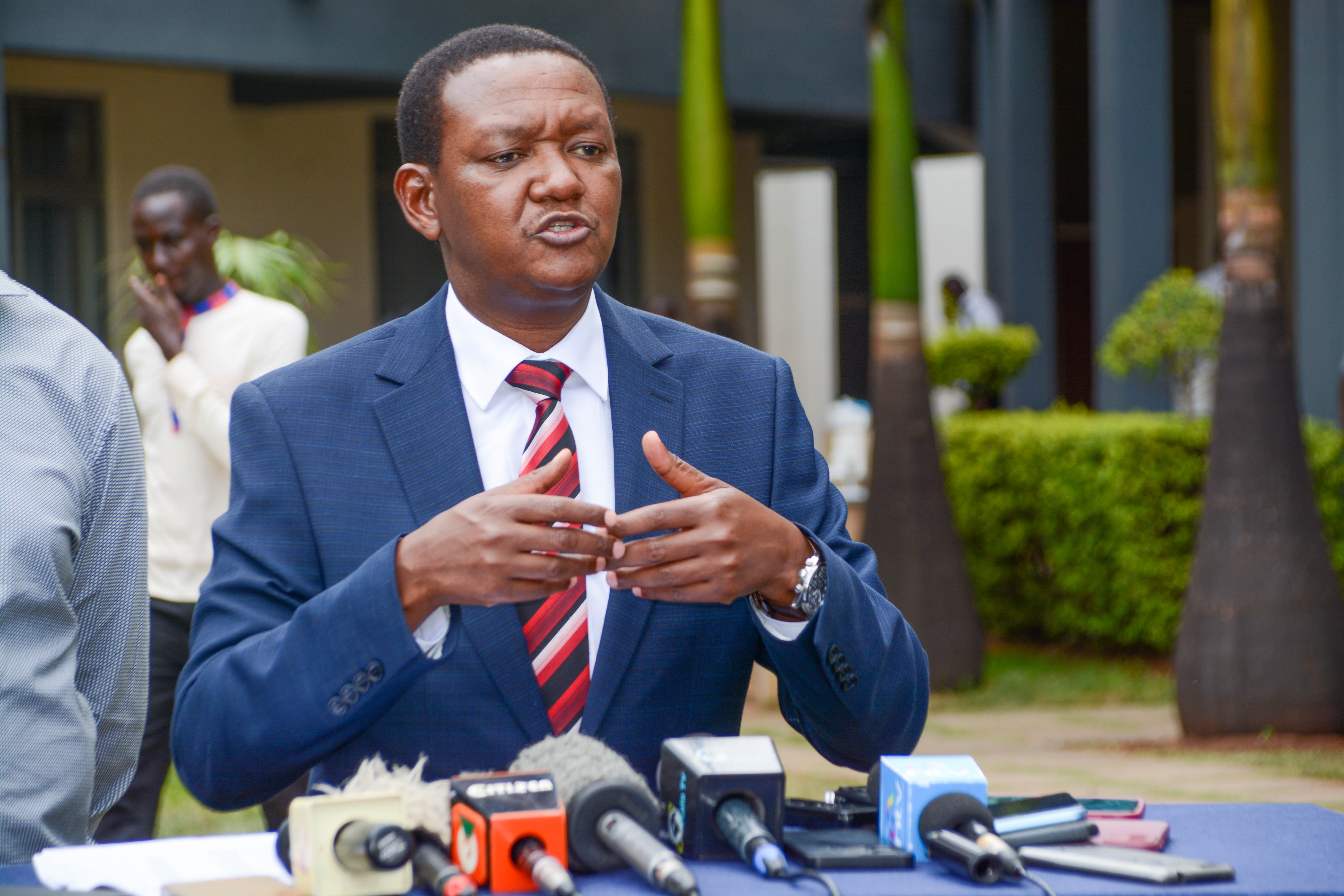 Labour Cabinet Secretary (CS) Alfred Mutua addressing the media in Kisumu. Photos/ Chris Mahandara.