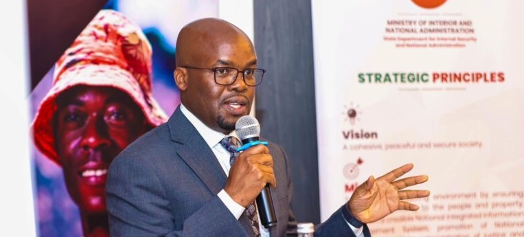  State Department for Internal Security and National Administration Principal Secretary (PS) Dr. Raymond Omollo speaking during the launch of the regional programme on peacebuilding and preventing violent extremism in East Africa.
