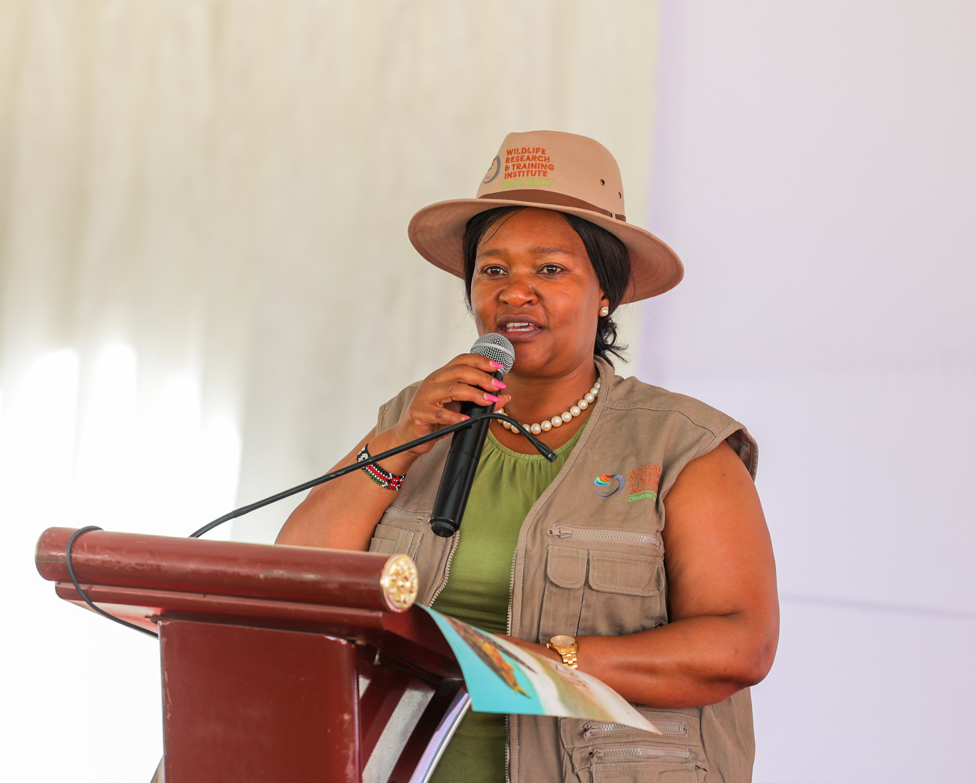 Tourism and Wildlife CS Rebecca Miano speaking during the launch of the second phase of the National Wildlife Census 2024. Photo/Dickson Mwiti
