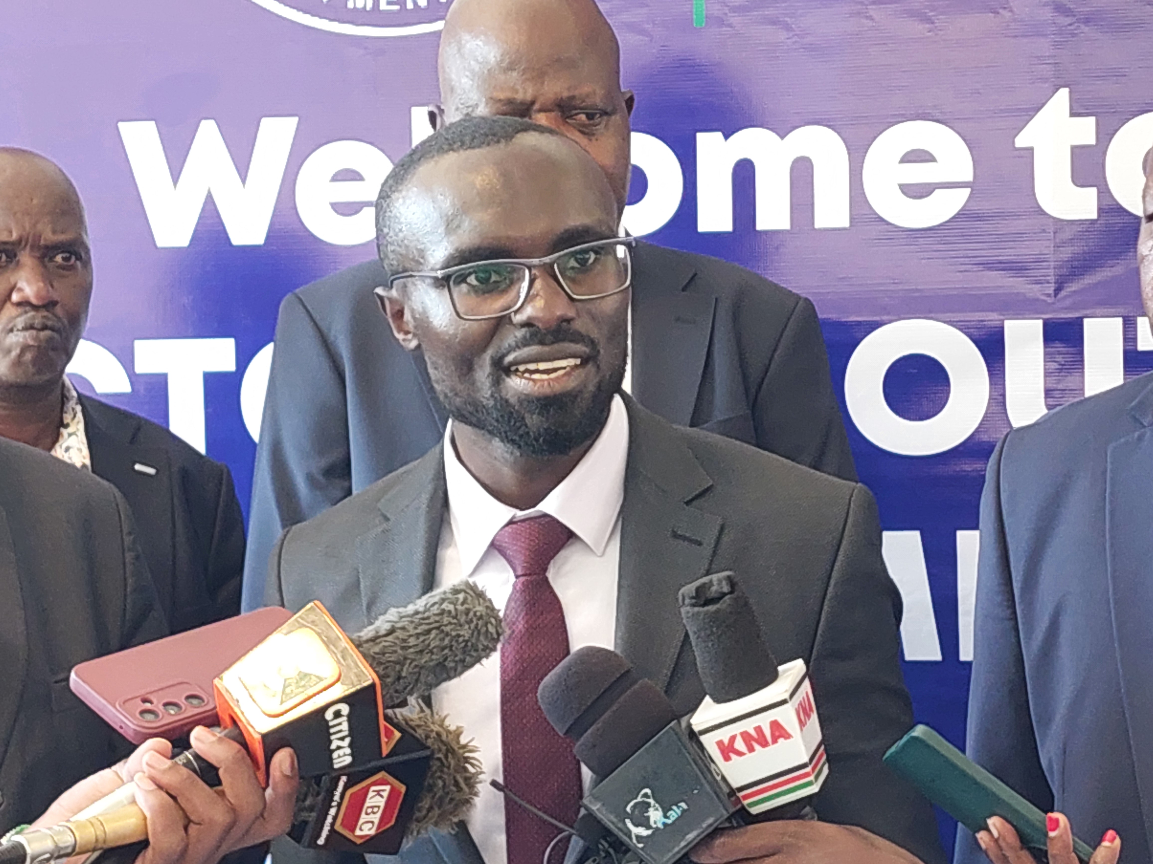 Water, Sanitation and Irrigation Cabinet Secretary (CS) Eric Mugaa addressing the media in Kisumu during the launch of Lake Victoria South Water Works Development Agency (LVSWWDA) 2023-2027 strategic plan. Photo/Chris Mahandara.