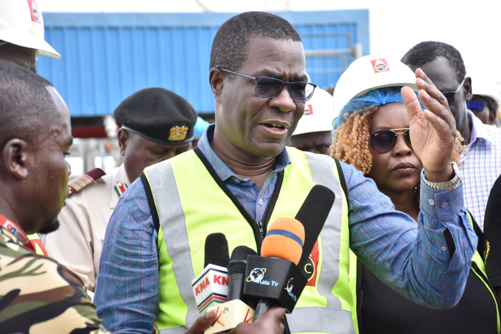 Energy Cabinet Secretary (CS) Opiyo Wandayi. addressing the media in Kisumu  The CS during a tour of the Kisumu oil jetty