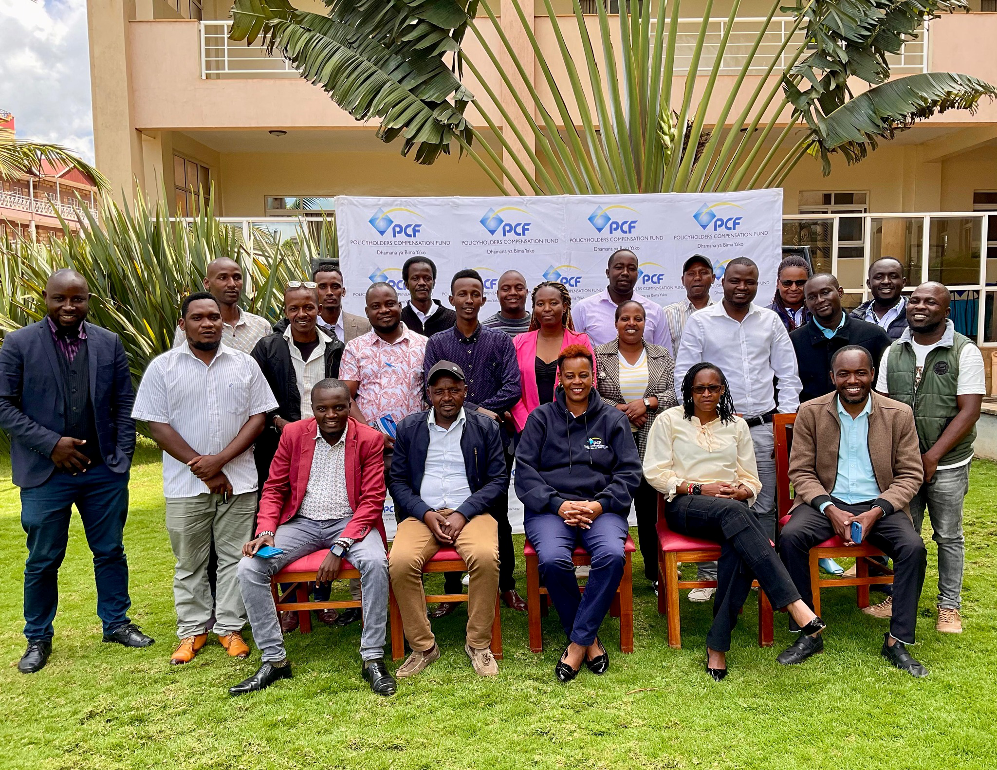 The Fund's Deputy Director - Corporate Communications Ms. Rosemary Kavili (seated middle) with the Fund's staff and local journalists after a successful media training workshop at the sidelines of the Fund's PCFMtaani campaign in Meru County.