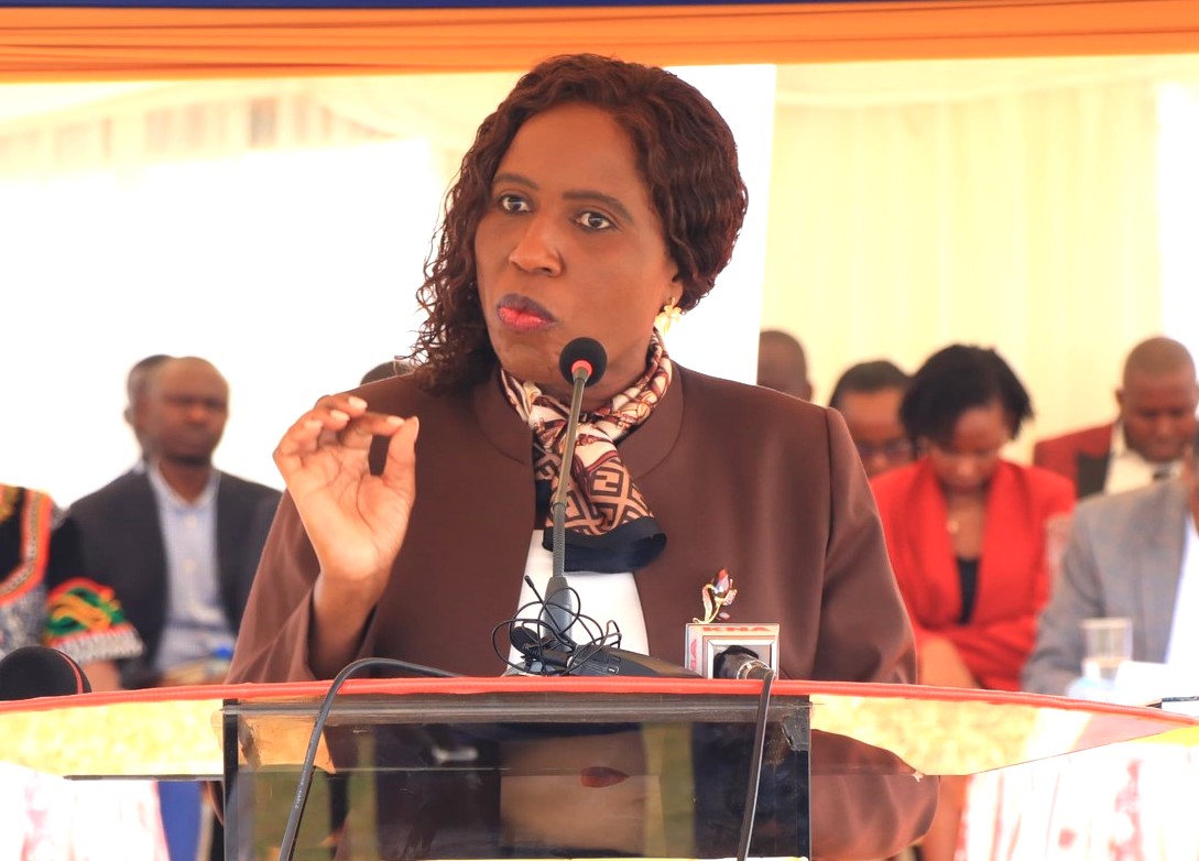 Principal Secretary State Department for Higher Education and Research Dr. Beatrice Inyangala speaking to students at the University of Embu.
