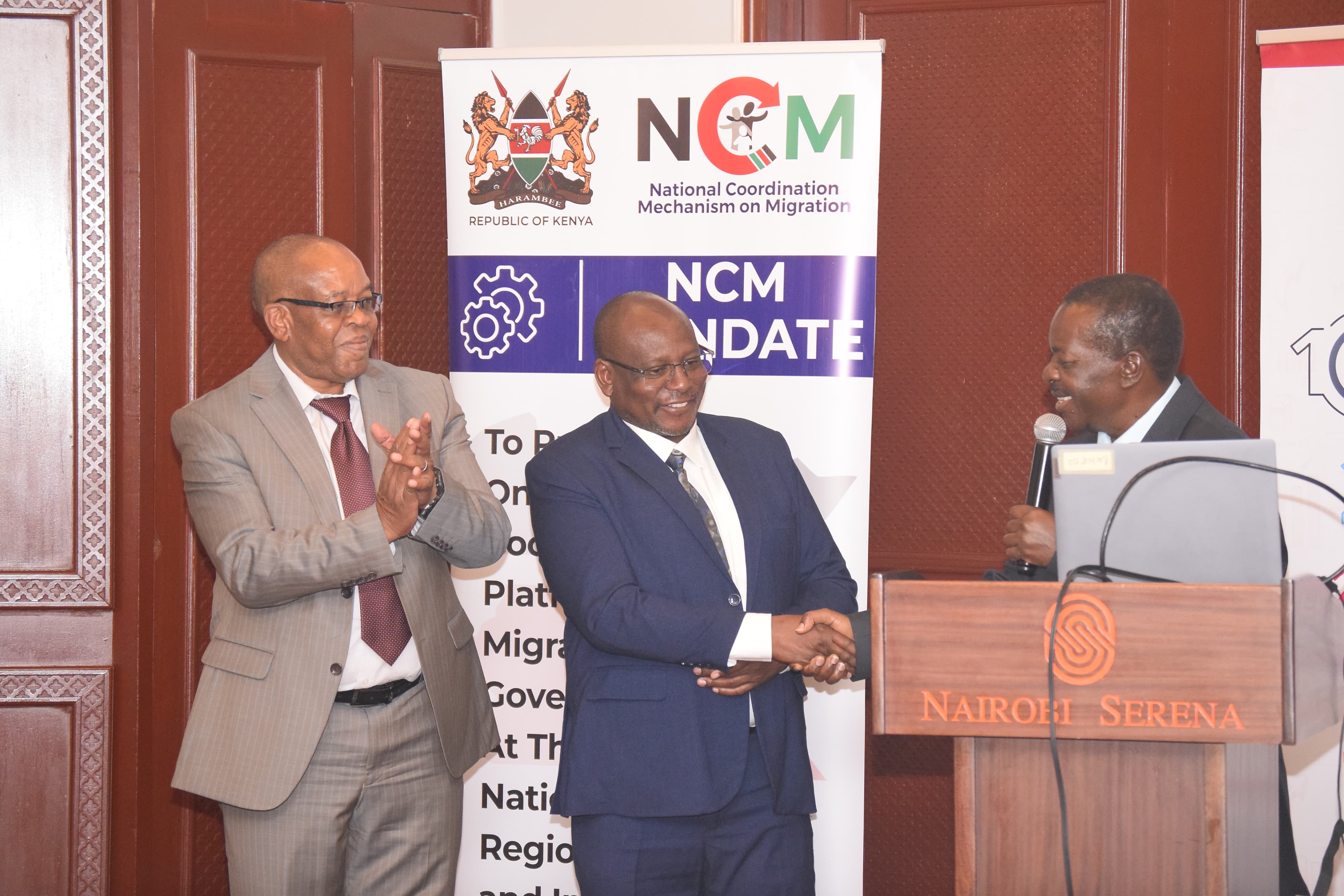 (From L-R) Gerald Atunga, Director of the National Coordination Mechanism on  Migration; Benjamin Avusevwa, Director of Statistical Coordination and Methods;  and Dr. Dan Opon, Director General of the National Coordination Mechanism on  Migration, during the launch of the Migration and Displacement Data and Statistics  Technical Working Committee (TWC) at a Nairobi hotel.