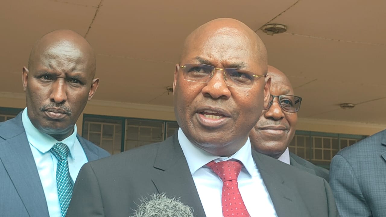 Outgoing Health Principal Secretary Harry Kimtai speaking to the press in Embu during the handing over of Taifa Care digital devices.