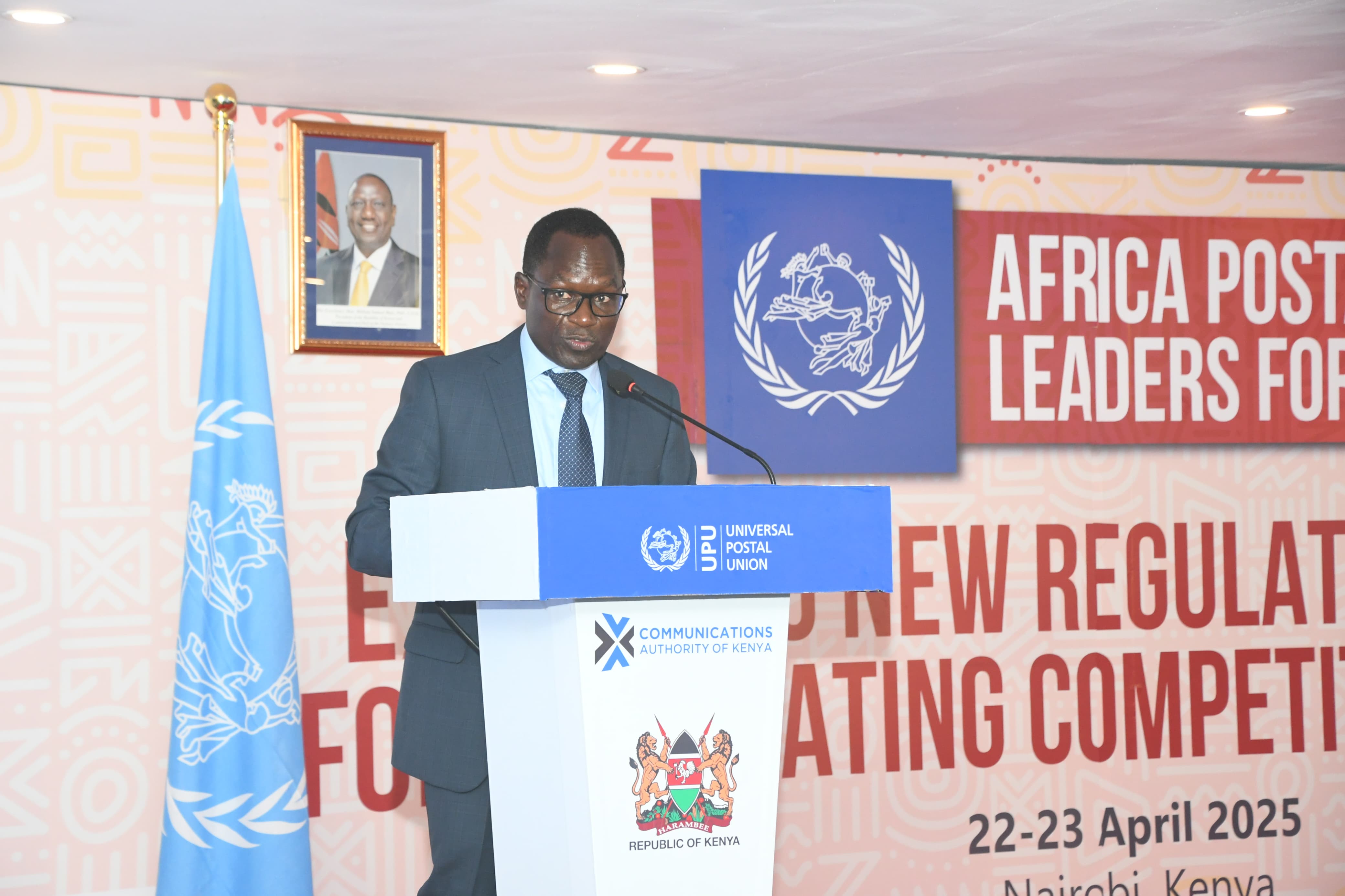 State Department for Broadcasting and Telecommunications PS, Stephen Isaboke, representing Cabinet Secretary (CS) for Ministry of Information, Communications and the Digital Economy William Kabogo during the official opening of the Universal Postal Union (UPU) Africa Postal Leaders Forum held in Nairobi. 