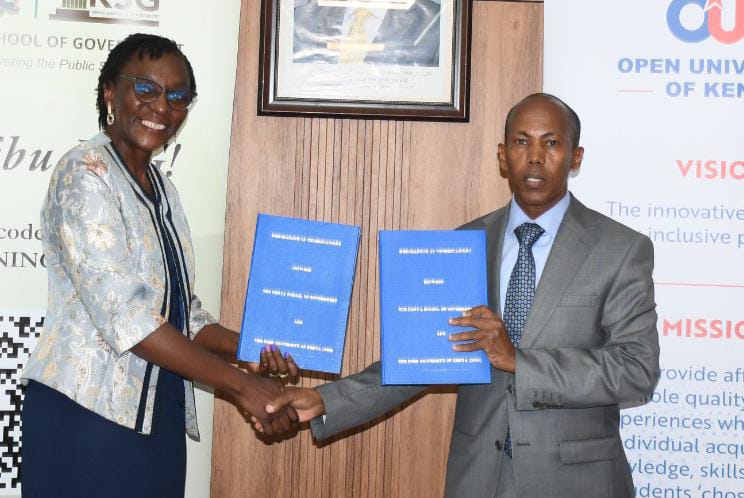 Prof Nura Mohamed (right), Director-General at the Kenya  School of Government exchanging a signed strategic  partnership agreement with the Open University of Kenya  Deputy Vice Chancellor, Prof Carolyne Omulando. Photo/Walter  Mikwa