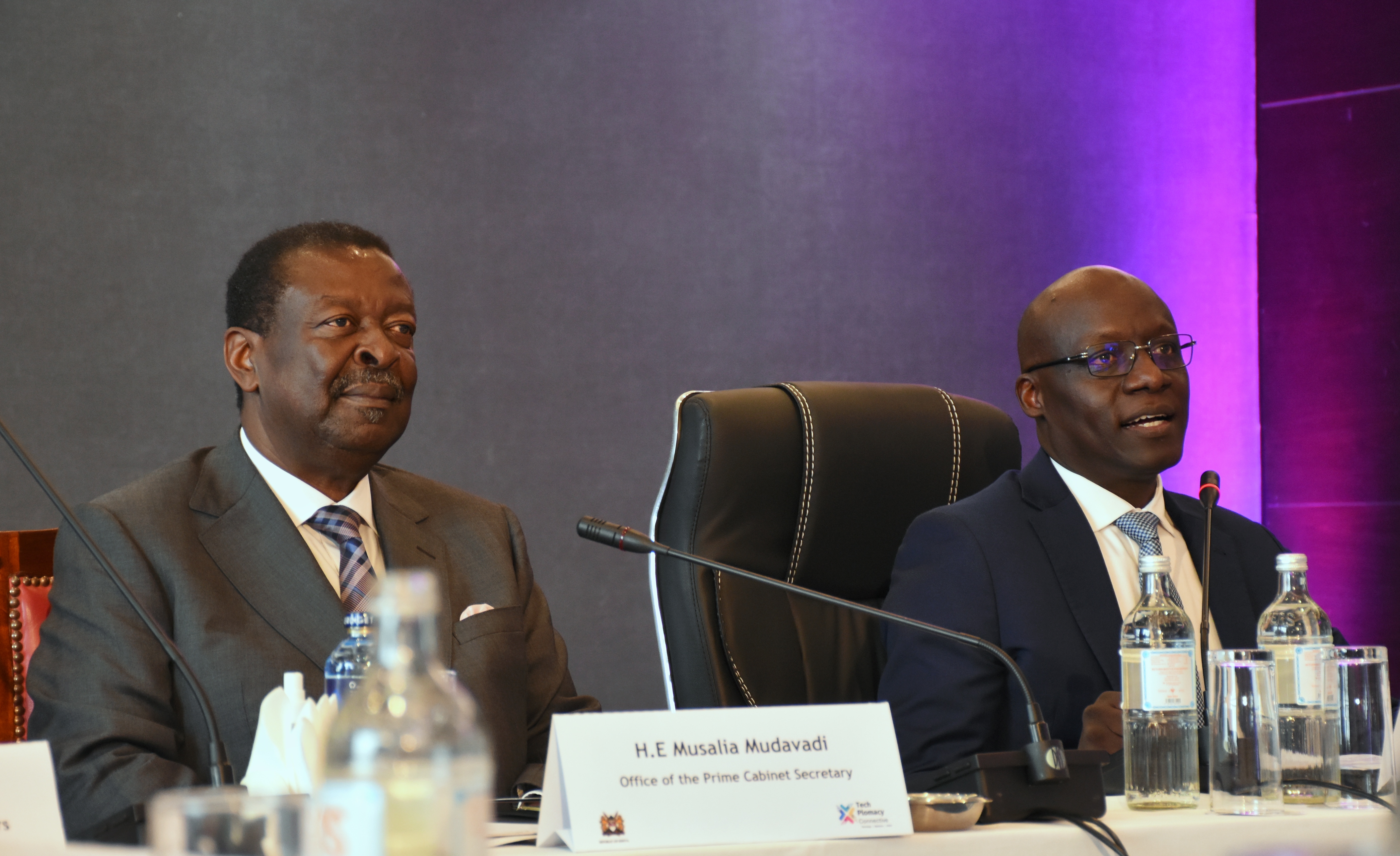 Prime Cabinet Secretary and Cabinet Secretary for Foreign Affairs and Diaspora Affairs  Musalia Mudavadi (Left) with Ambassador Philip Thigo following proceedings during the launch of TechPlomacy Connective in Nairobi 