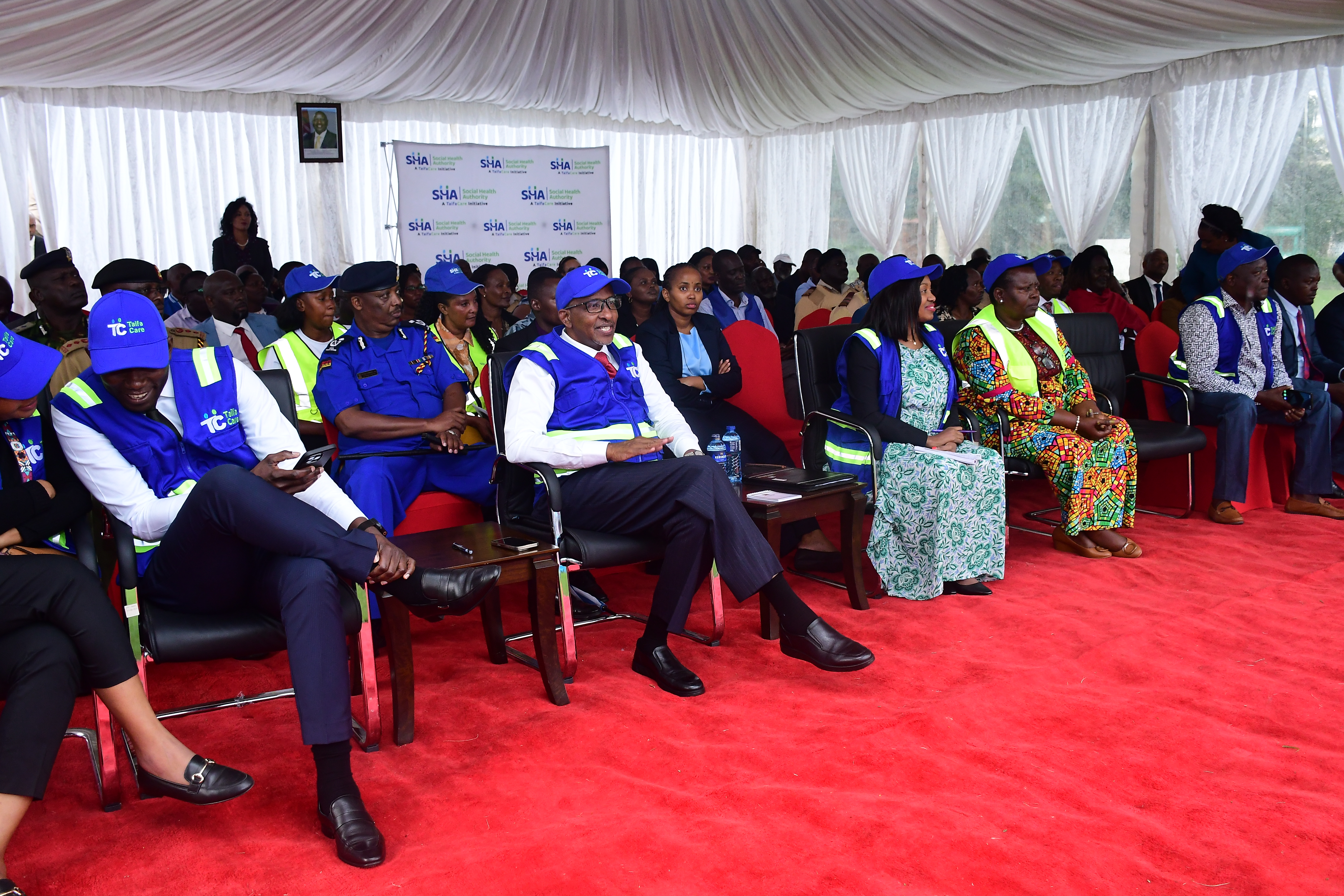 Health Cabinet Secretary Aden Duale (third left) and Governor Susan Kihika (fourth left) during the activation of Nakuru County Taifa Care at Nyayo Gardens. PHOTO: LUCY NJERI.
