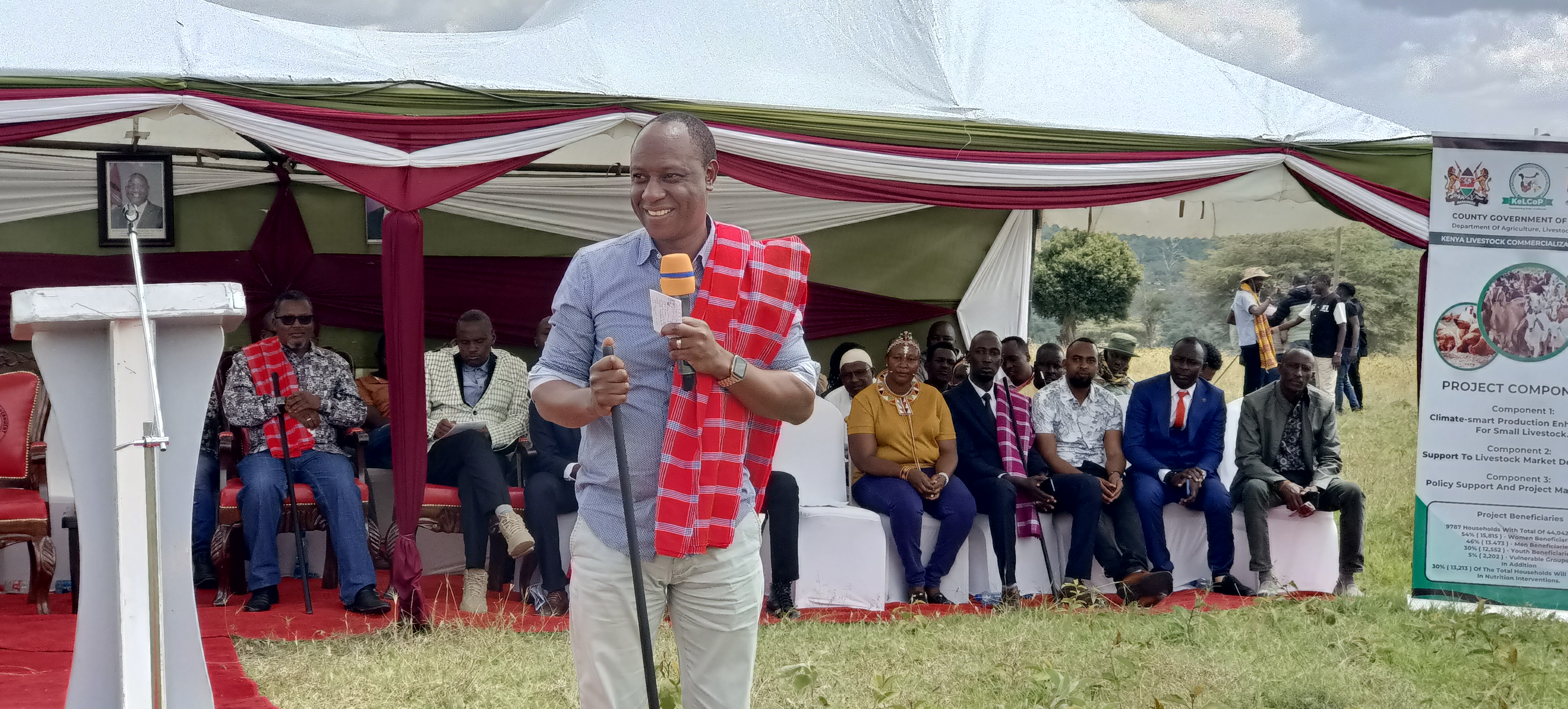 Livestock Development Principal Secretary Jonathan Mueke addressing residents of Nomotio, Samburu County after the launching a Sh13.2 million water pan. PHOTO BY ROBERT GITHU