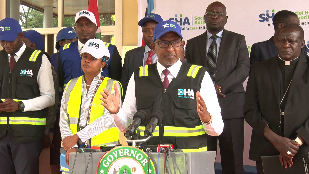 Health Cabinet Secretary Adan Duale speaking in Kakamega County. He was flanked by PS Medical Services Dr. Ouma Oluga (L), CEO, Social Health Authority CEO Dr. Mercy Mwangangi and Bishop Joseph Obanyi of Kakamega Catholic Dioceses (R) among other leaders. PHOTO BY MOSES WEKESA, KNA.