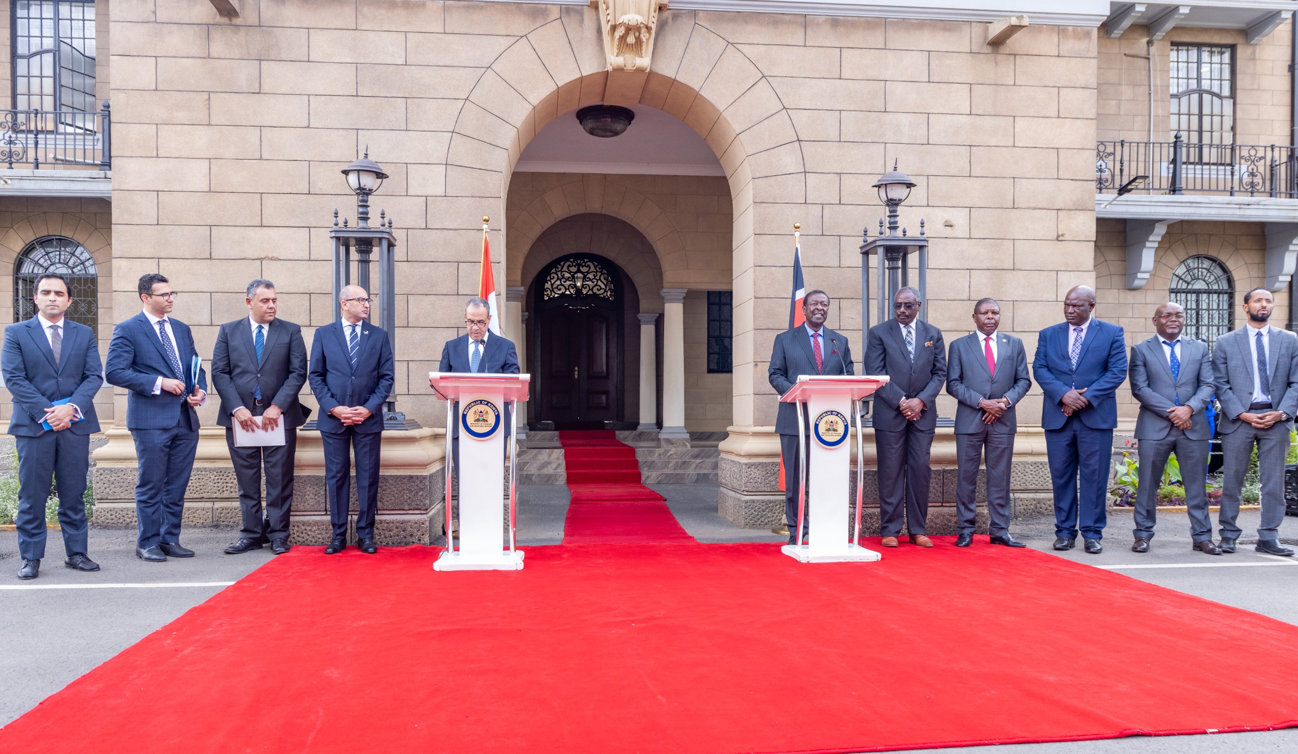 Prime Cabinet Secretary and Cabinet Secretary for Foreign and Diaspora Affairs Musalia Mudavadi (centre right) and Egypt’s Minister of Foreign Affairs Badr Abdelatty (centre left) pose for a photo with members of their delegations during a bilateral meeting in Nairobi.