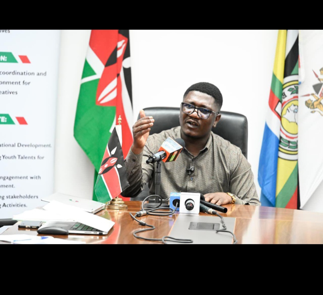 Principal Secretary for Youth Affairs and Creative Economy Fikirini Jacobs addresses the media during a briefing at the Ministry headquarters, Talanta Plaza.