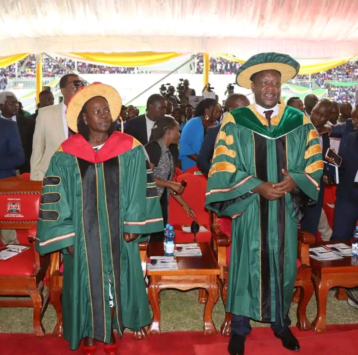 Principal Secretary for Technical and Vocational Education and Training Dr Esther Thaara Muoria (left) and Kericho County Governor Dr Eric Mutai during the second joint graduation ceremony for Kericho Vocational Training Centres at Kiprugut Chumo Stadium, Kericho.