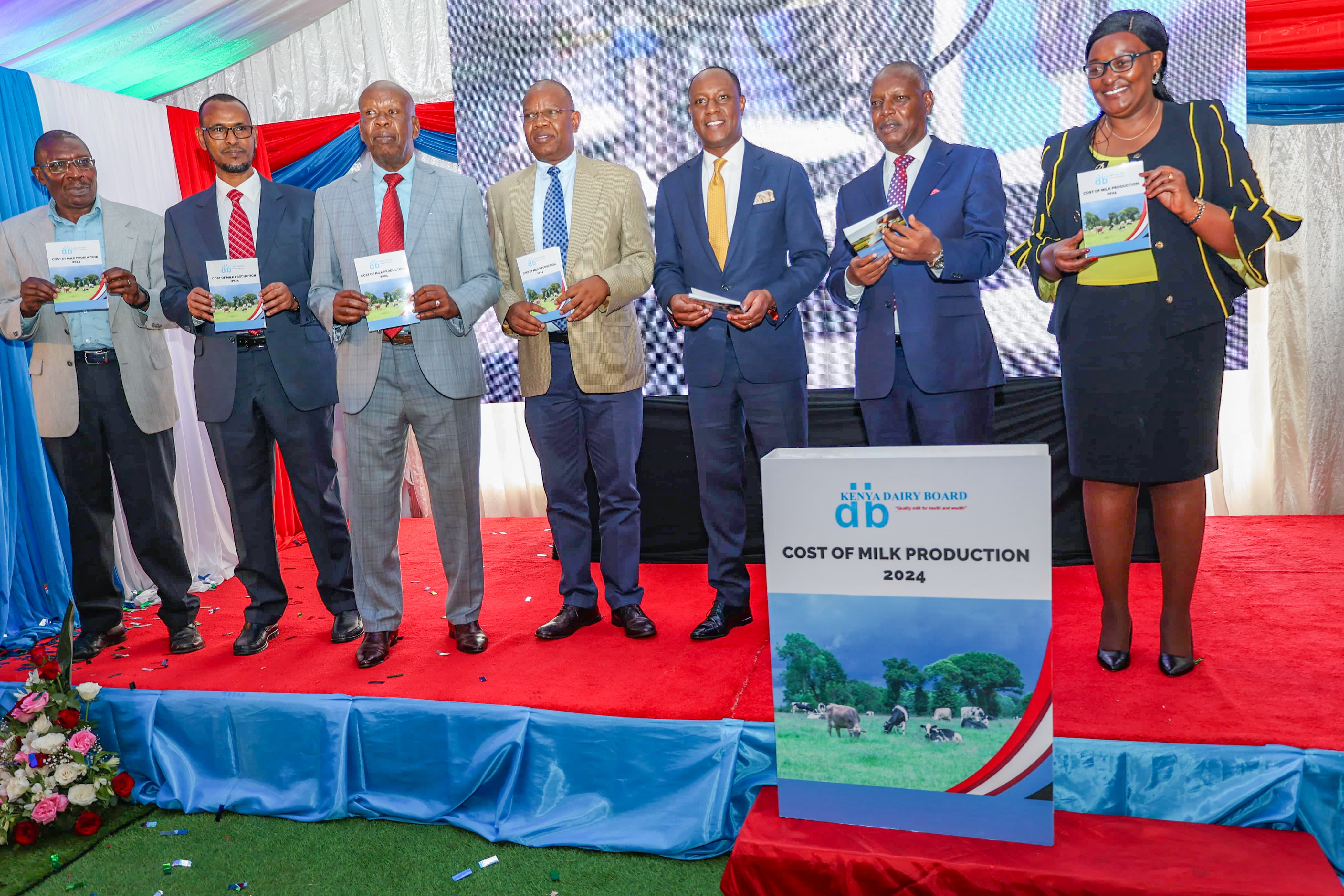 Agriculture and Livestock Development Cabinet Secretary (CS) Dr. Andrew Karanja speaking at the Kenya Dairy Board (KDB) head office during the launch of the cost of Milk Production Study Report (2024). Photo/Gladys Njoka.