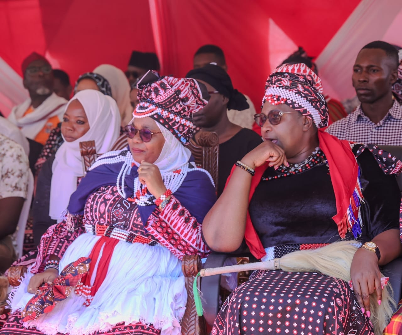  Kwale Governor Fatuma Achani (L) with Kenya Roads Board chairperson Aisha Jumwa doning cherished traditional regalia when they graced the Chenda Chenda cultural festival in Kinango sub county of Kwale.