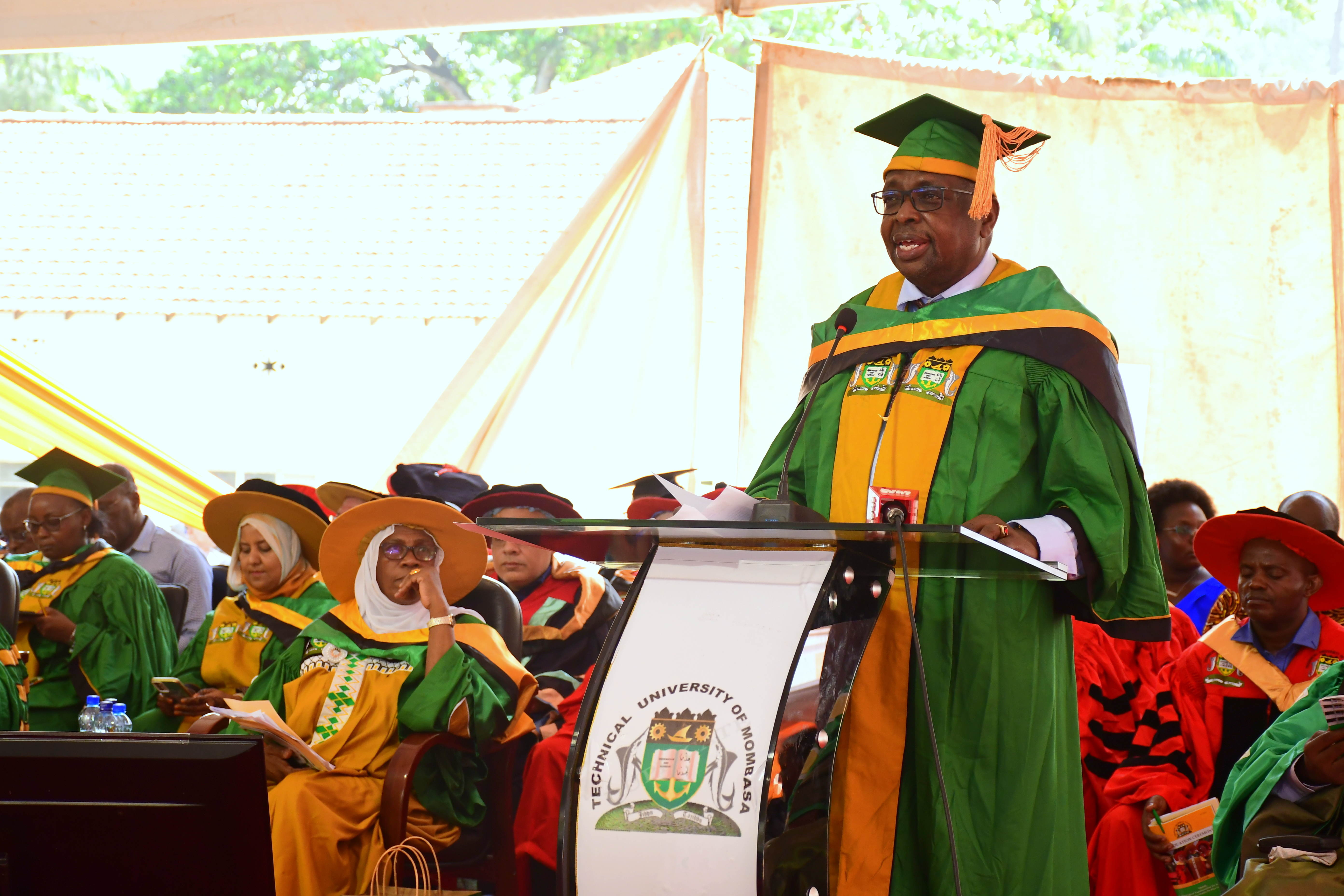 Principal Secretary (PS) for Shipping and Maritime Affairs, Geoffrey Kaituko, gives a keynote address during the Technical University of Mombasa (TUM) 11th graduation ceremony at the University’s graduation square in Mvita sub county of Mombasa.  Photos/ Andrew Hinga
