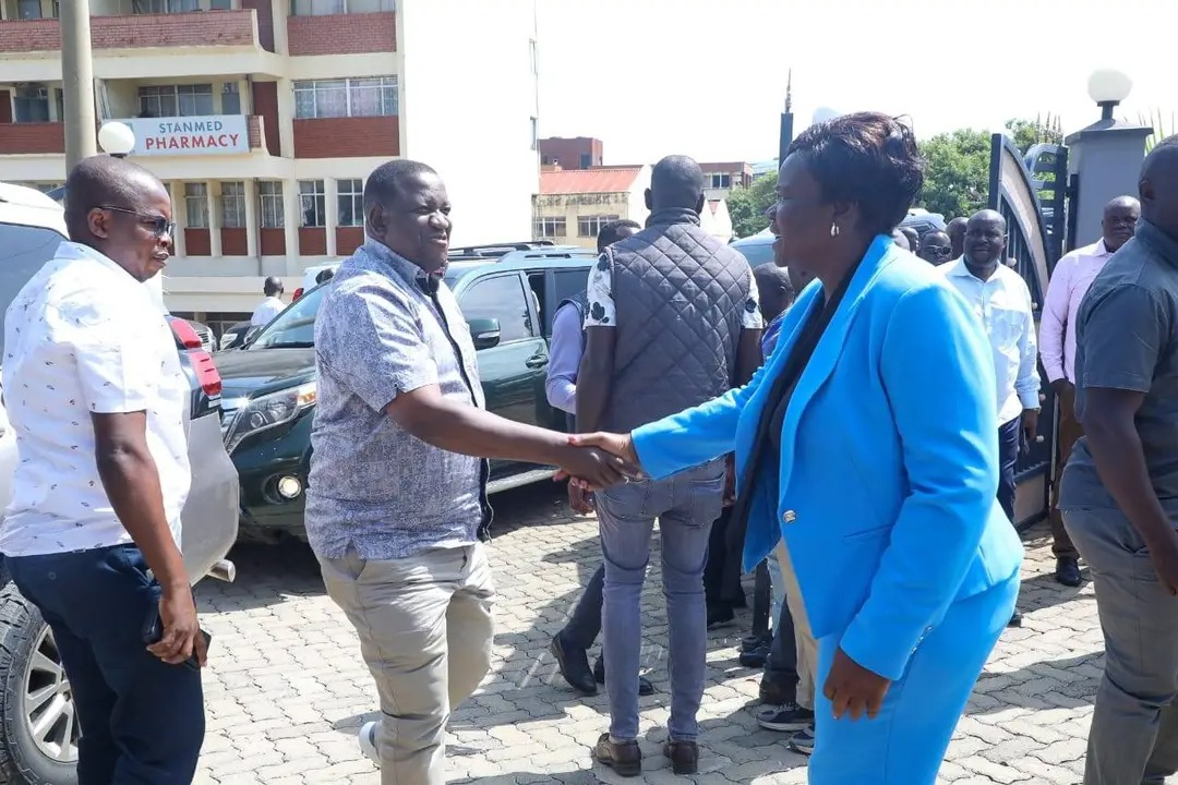 CS Salim Mvurya receives a warm welcome by Governor Gladys Wanga after his arrival in Homa Bay. Photos by Sitna Omar, KNA.