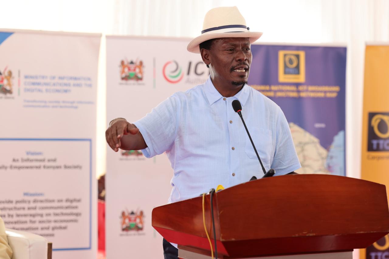Cabinet Secretary for Information, Communication and the Digital Economy William Kabogo during the launching of Terrestrial Fiber Link connecting Kenya and Tanzania at Lunga lunga/Horohoro border 