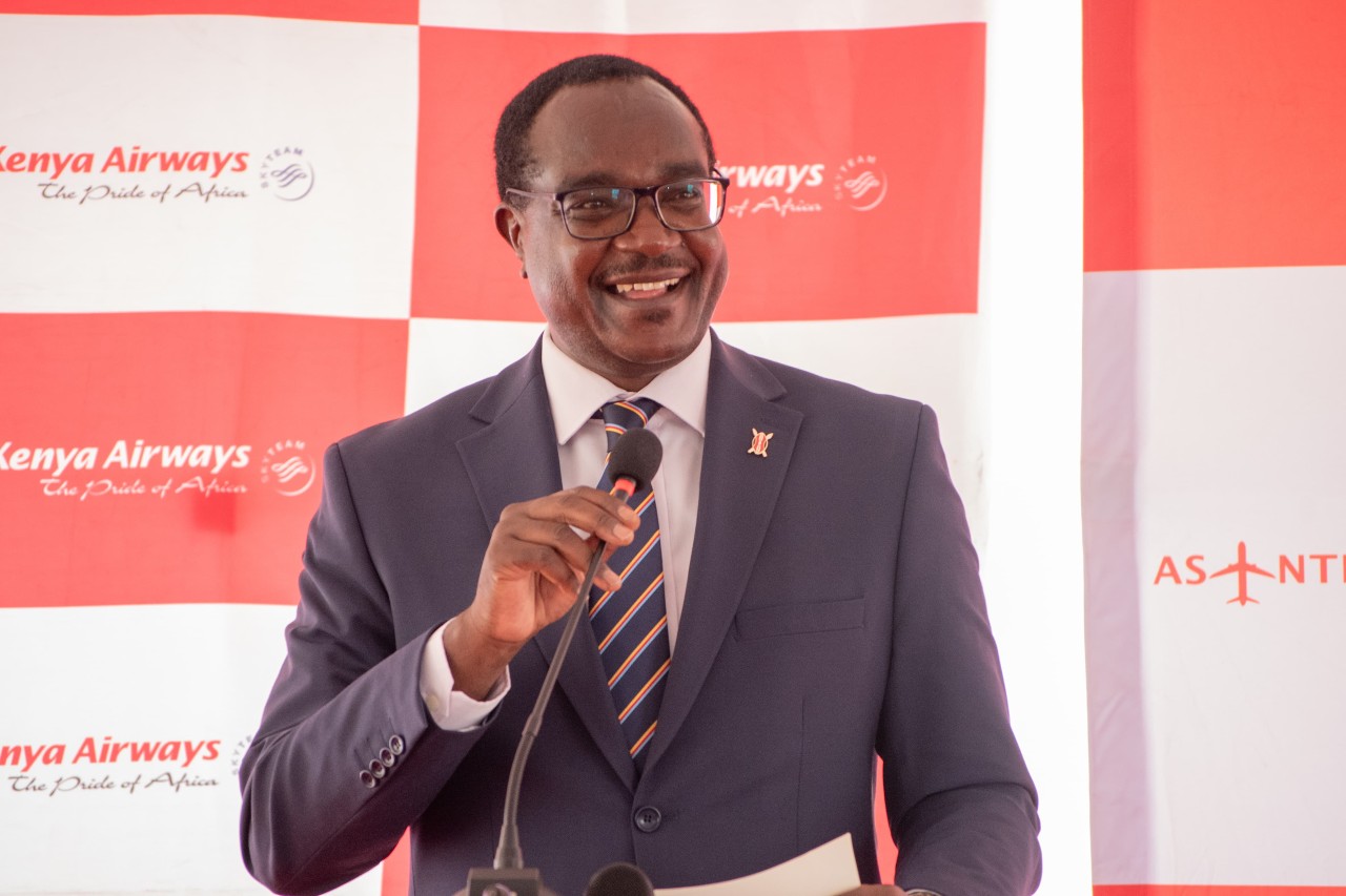 Cabinet Secretary for Education Julius Ogamba during the launch of strategic partnership between the Kenya Airways and the London Metropolitan University. 
