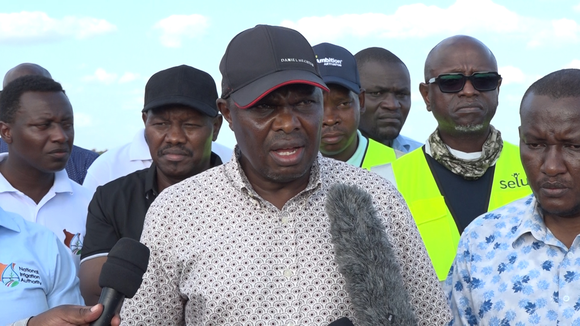 Head of the Public Service Felix Koskei addressing journalists during a tour of the Galana-Kulalu Food Security Project