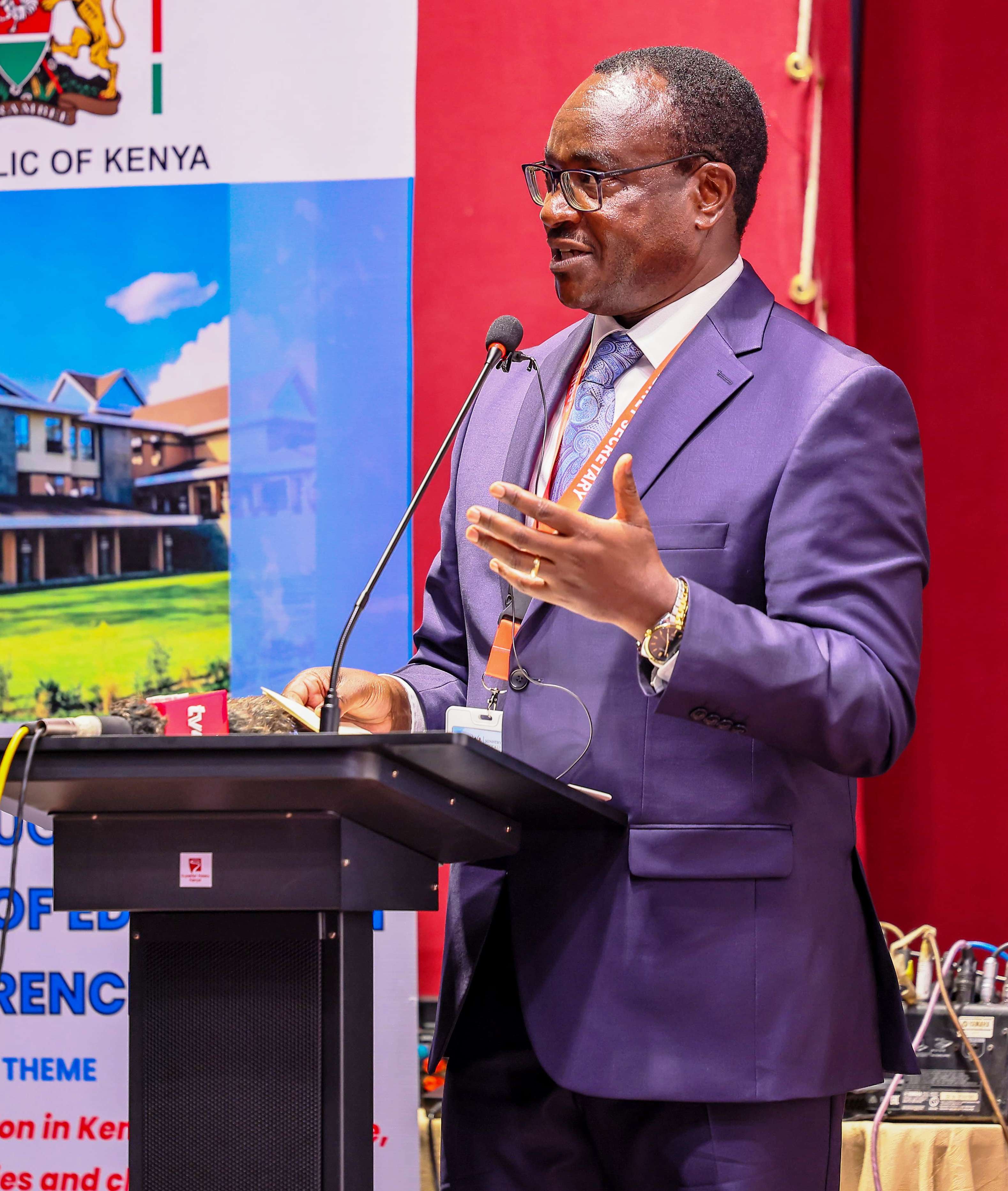 Education CS Julius Ogamba addressing education stakeholders in Naivasha, during the an Education Conference. Photo/ Mabel Shikuku