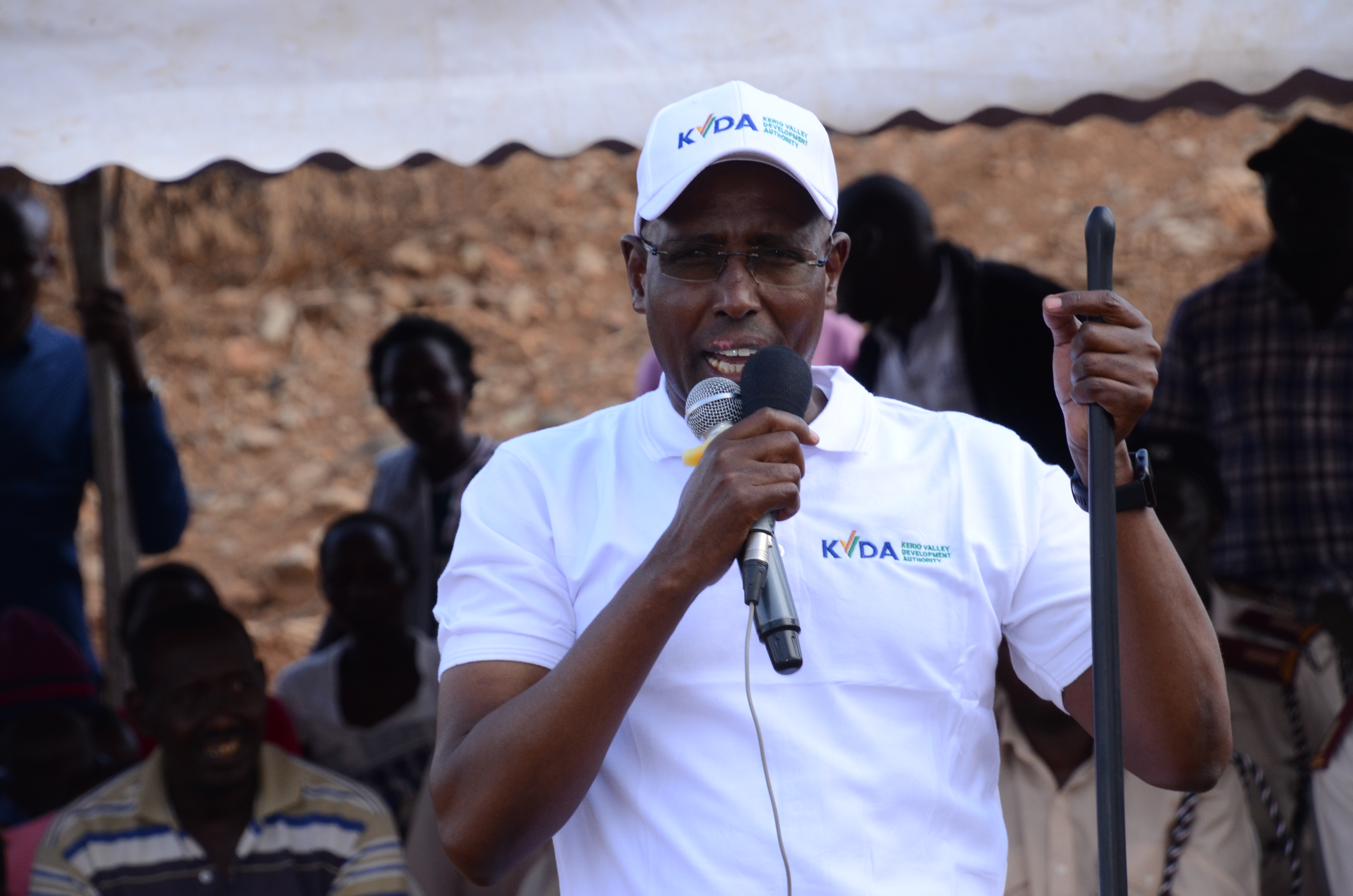 Kerio Valley Development Authority Managing director Sammy Naporos addressing a gathering during the launch of Chemeron Dam rehabilitation in Marigat Sub County.