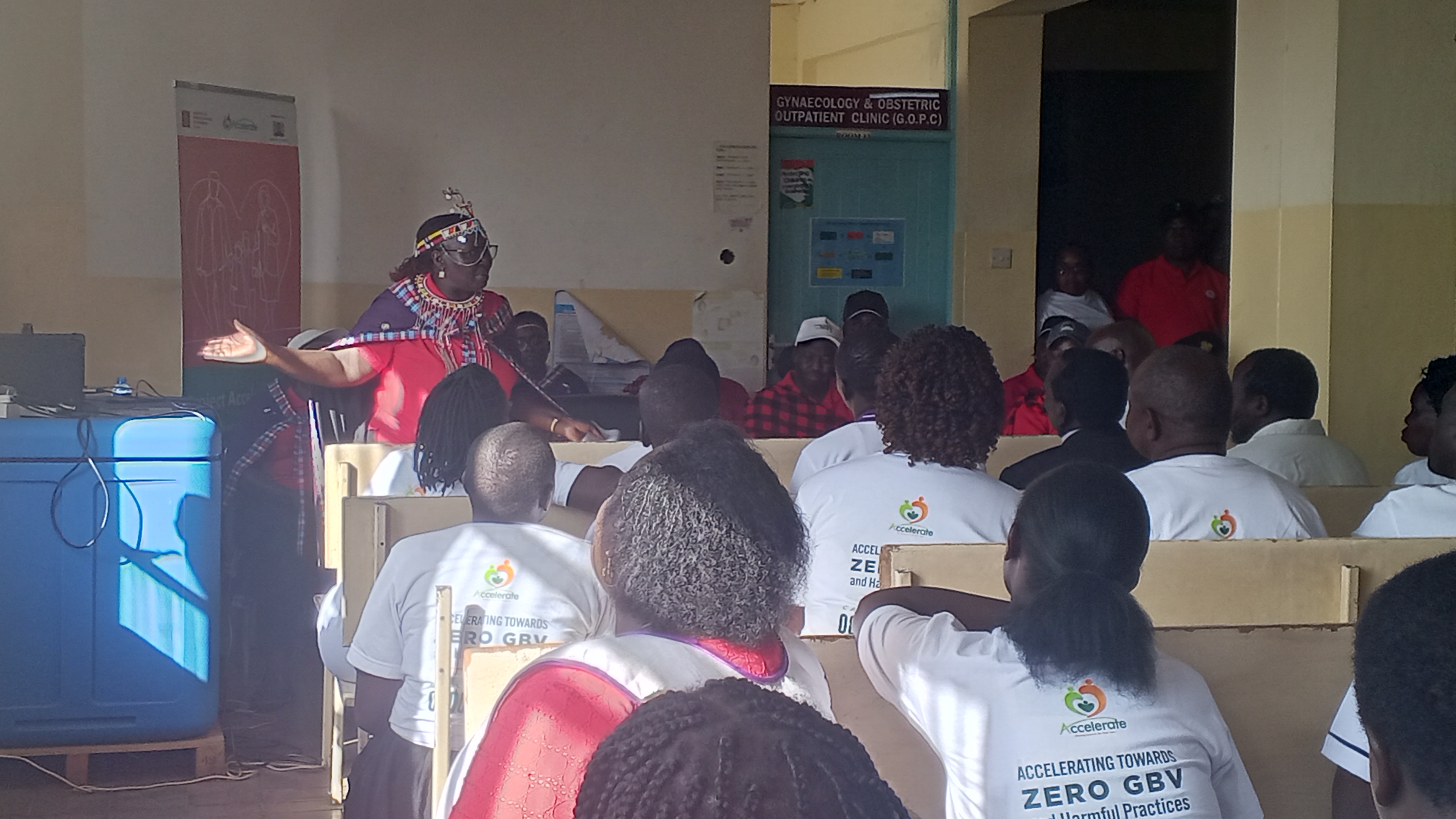  Cabinet Secretary (CS) for Gender, Culture and Children Services, Hanna Cheptumo, addressing medics from Baringo County Referral hospital when she presided over the commissioning of gender based violence recovery centre 