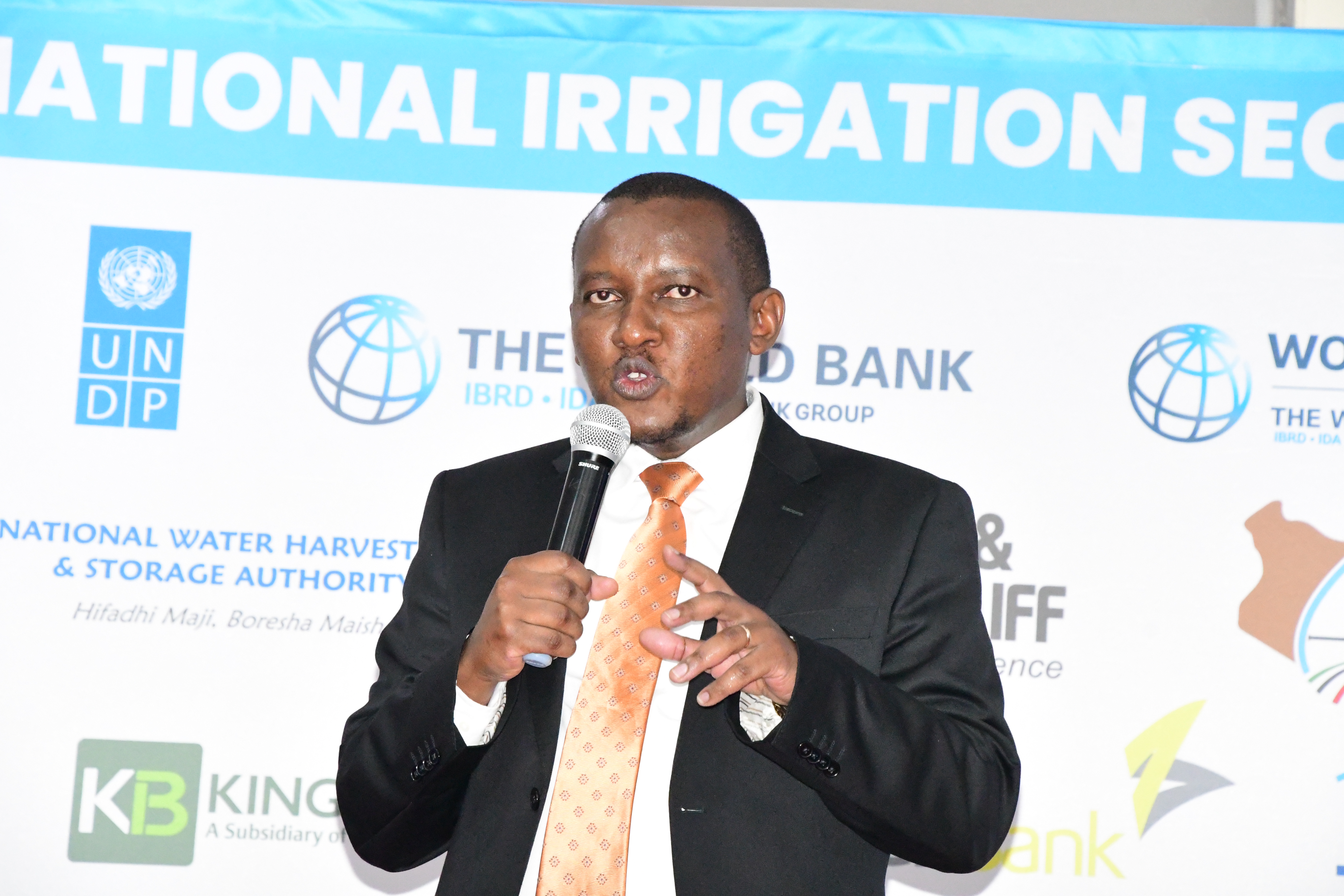 Principal Secretary in the State Department for Irrigation at the Ministry of Water, Sanitation Ephantus Kimotho speaking to the media today at KICC during the pre-launch of the National Irrigation Sector Investment Plan (NISIP) 