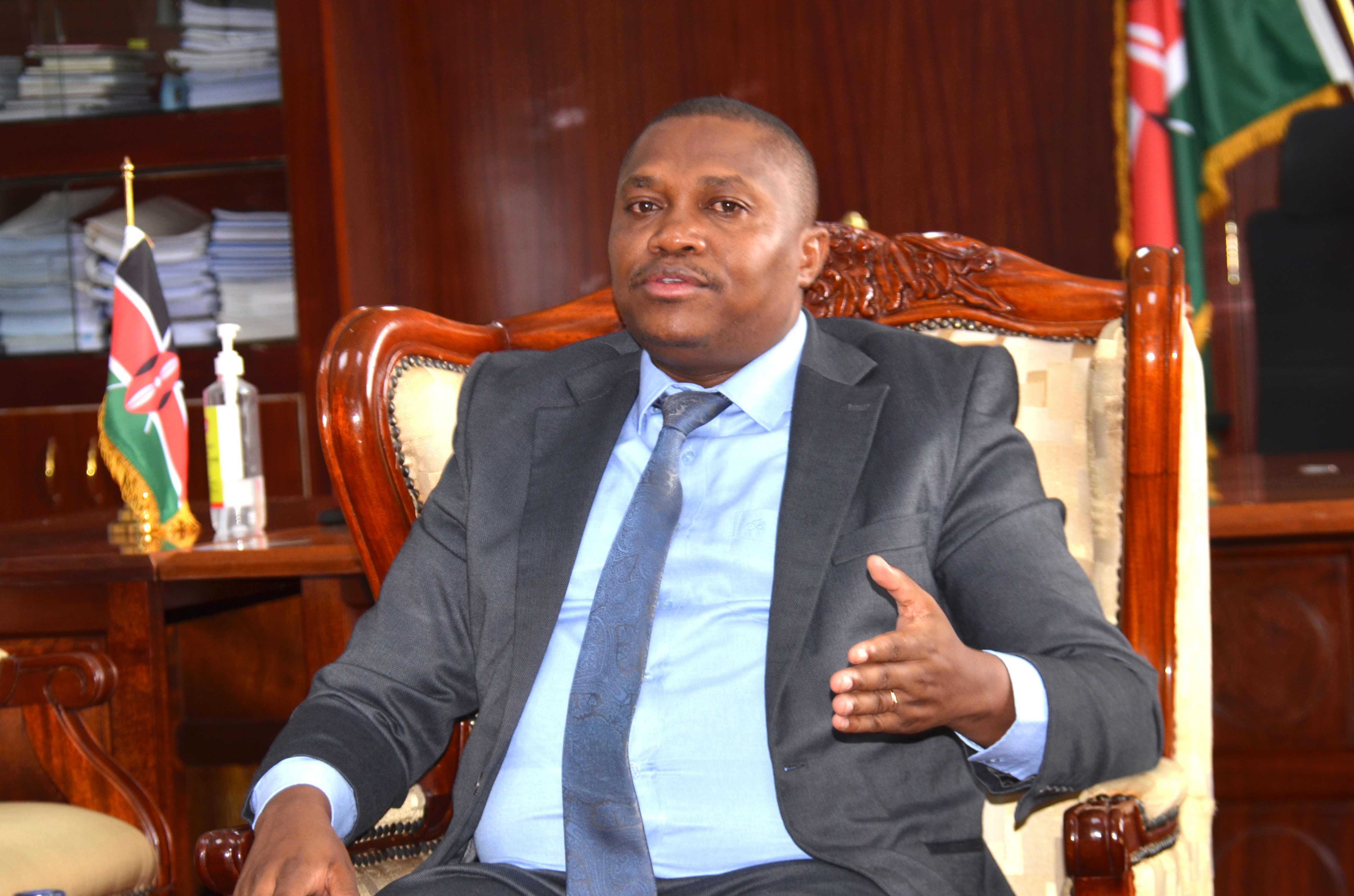 PS Mining Elijah Mwangi makes a point during the meeting with NCTC officials in his Nairobi office