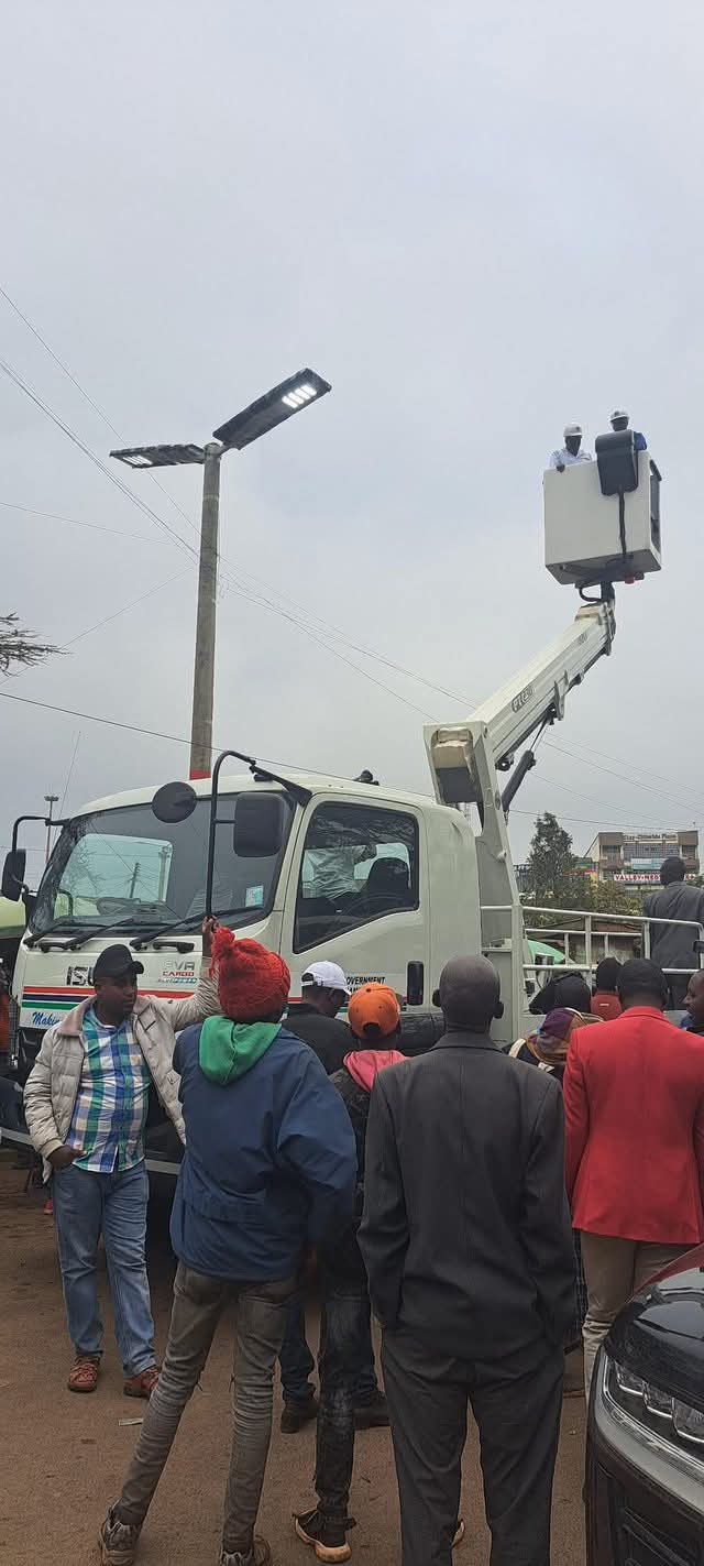Kiambu’s 23-meter manlift in action, supporting streetlight installation and maintenance for safer public spaces.