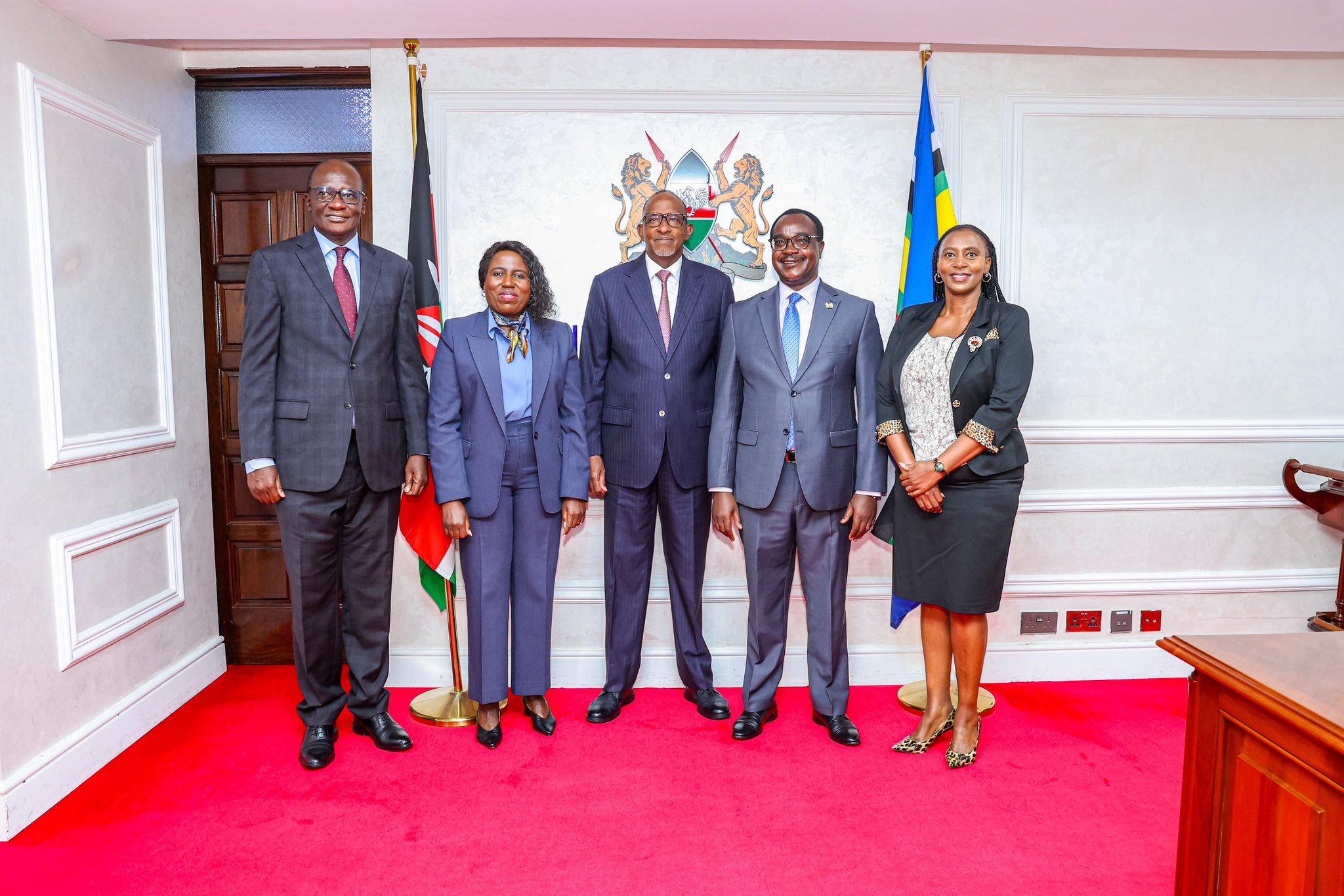 Director-General for Health Dr Patrick Amoth, Principal Secretary for Higher Education and Research Beatrice Muganda, Cabinet Secretary (CS) for Health Aden Duale, Cabinet Secretary for Education Julius Ogamba and Principal Secretary for Public Health and Professional Standards Mary Muthoni pose for a photo during a high-level strategic meeting intended to align existing health training programmes with national priorities at the Ministry of Health Headquarters in Nairobi 