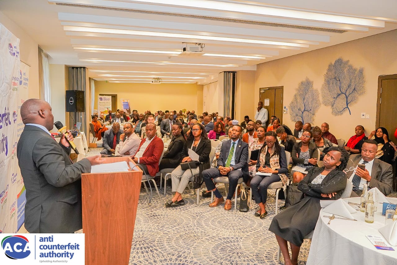 Industrialization Secretary Prof. Erastus Gatebe speaking during the official Release of the Report on the Second International Symposium on Intellectual Property Protection and Enforcement (ISIPPE-2) at a Nairobi hotel.
