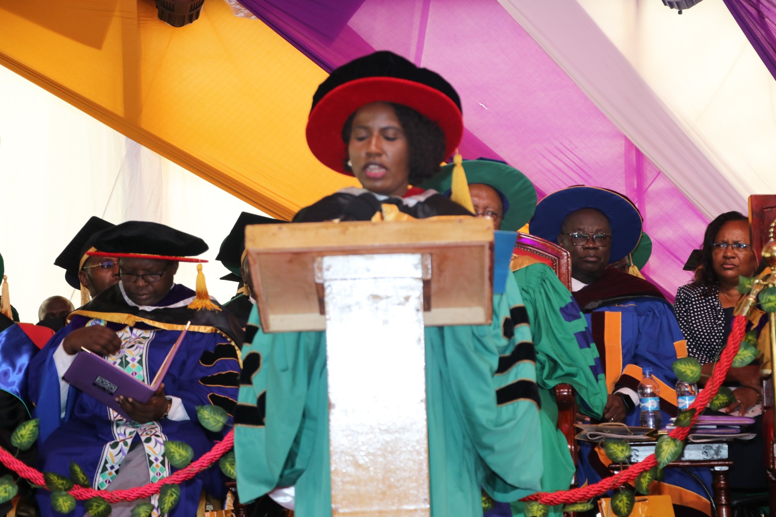 The Principal Secretary for Higher Education and Research, Beatrice Inyangala address graduands during Alupe University’s third graduation Ceremony.