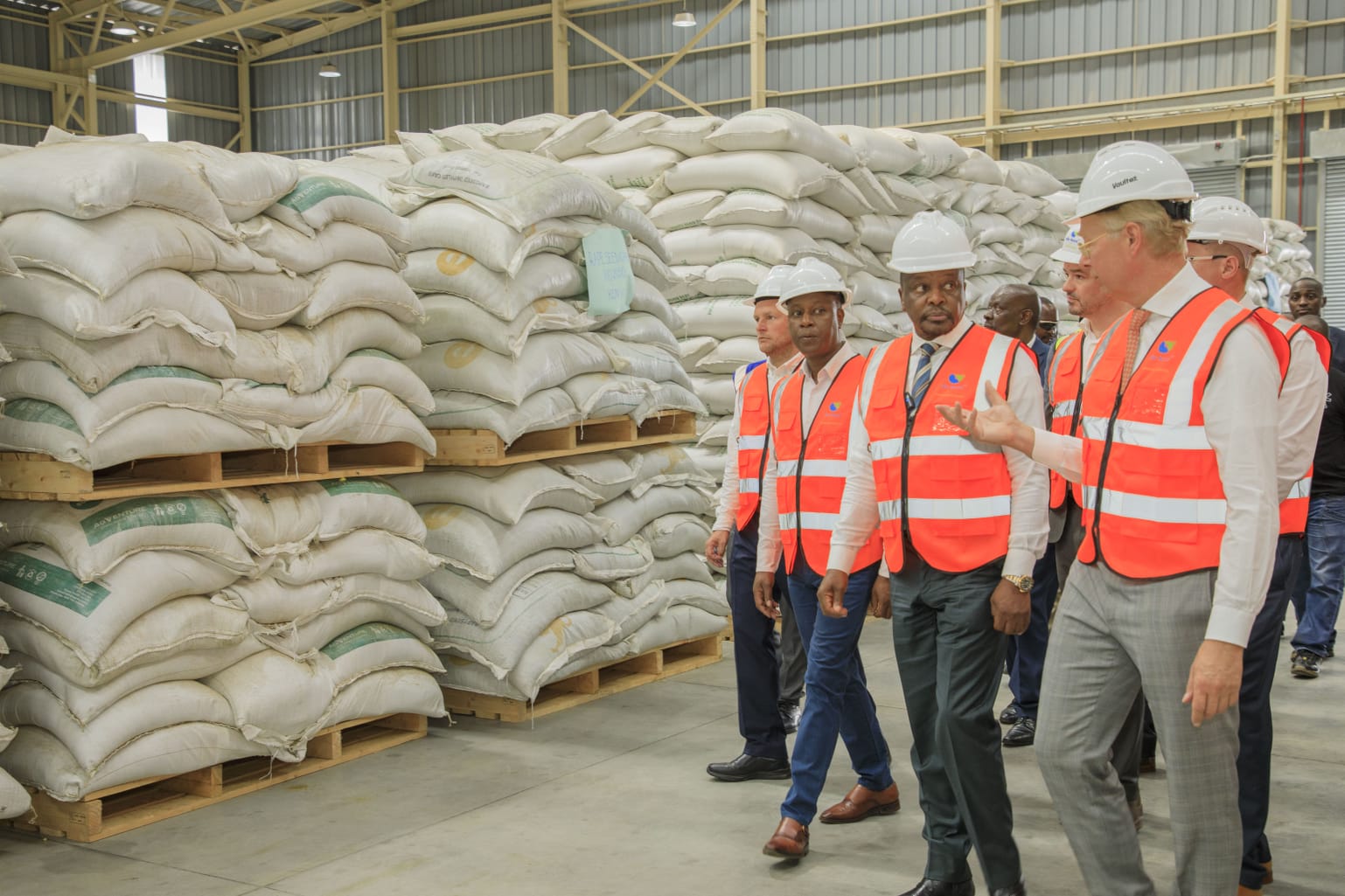 From left Chairman of the Board De Heus, Co de Heus, PS State Department of Livestock Development Charles Mueke, Ministry of Agriculture and Livestock Development CS Mutahi Kagwe, Machakos Governor Wavinya Ndeti,  and Charlotte de Hues during the official launch of de Heus Kenya Livestock Feed Factory in Kenya.