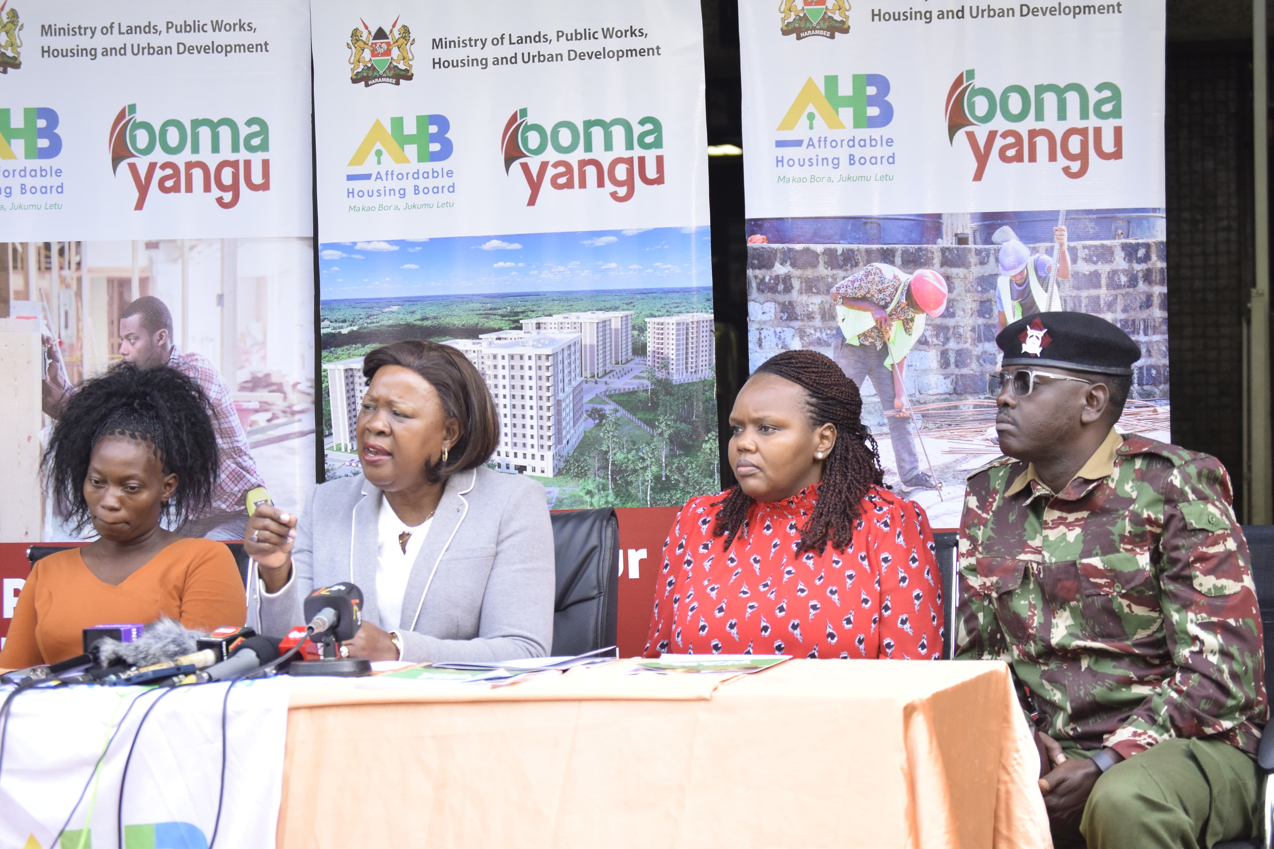 (From left) Milkah Moraa, Ministry of Lands, Public Works, Housing and Urban Development Cabinet Secretary (CS) Alice Wahome, Affordable Housing Project CEO Sheila Waweru, Corporal Sammy Ondimu at the press conference. Photo/Jesee Otieno