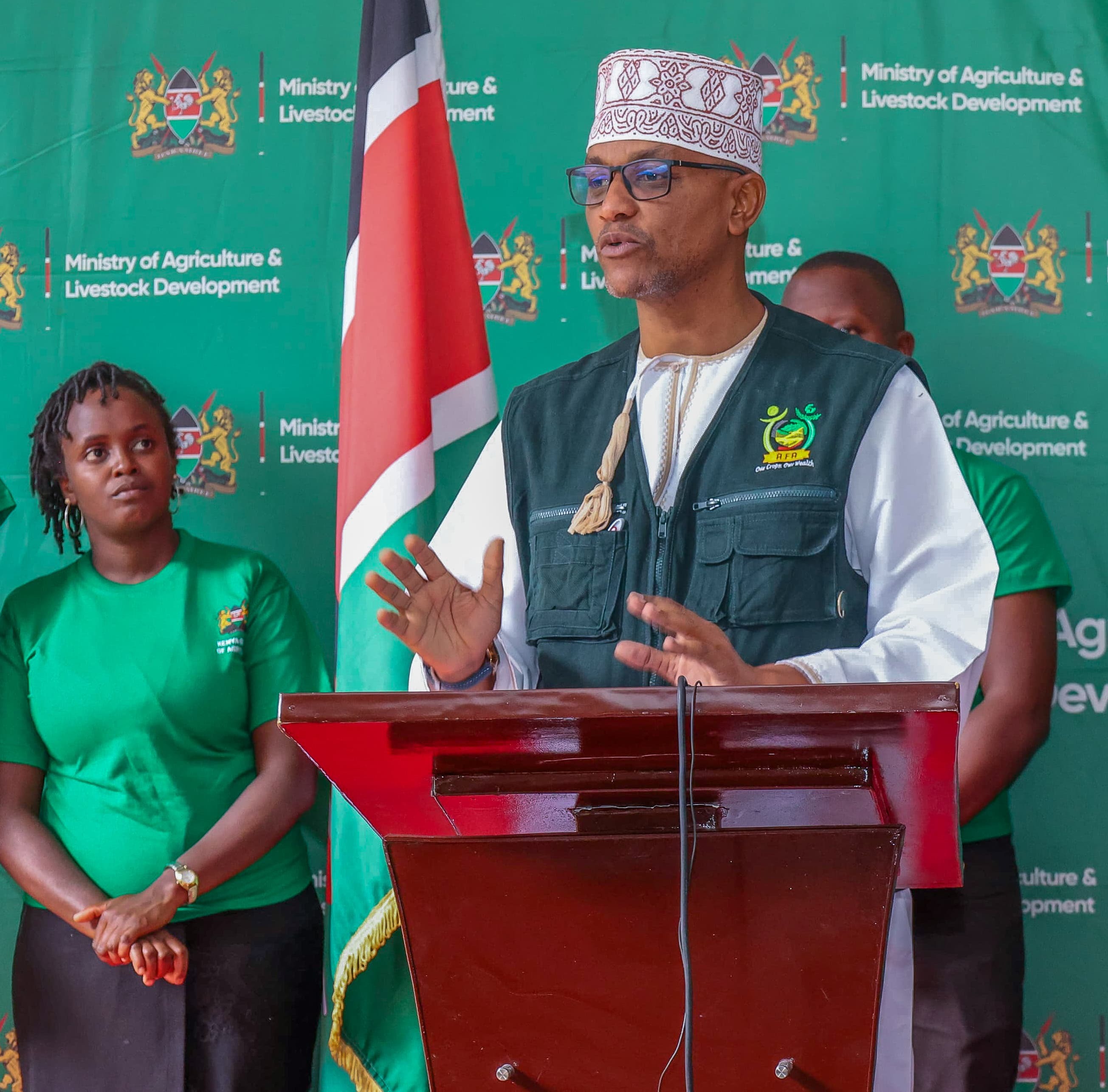 Ministry of Agriculture-Secretary Administration Harun Khator speaking during the flagging-off for 162 Kenyan youths from the Kenya School of Agriculture (KSA) 