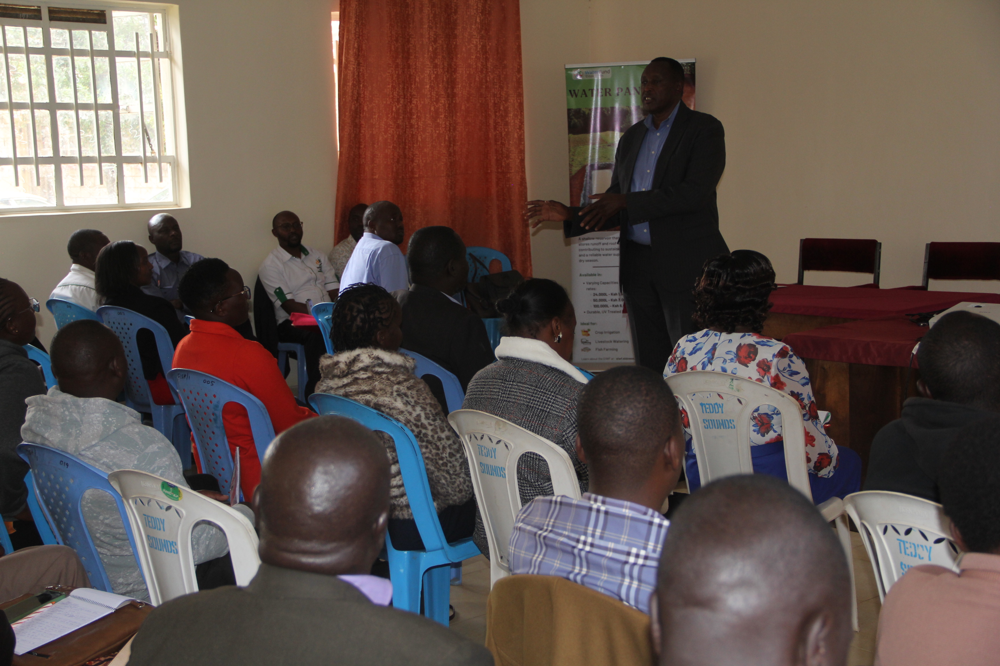 Uasin Gishu supervisory teams during a training session on the implementation of the Farm Ponds Initiative by the National Agricultural Value Chain Development Project (NAVCDP) to boost irrigation in 23 rural wards in Uasin Gishu County.