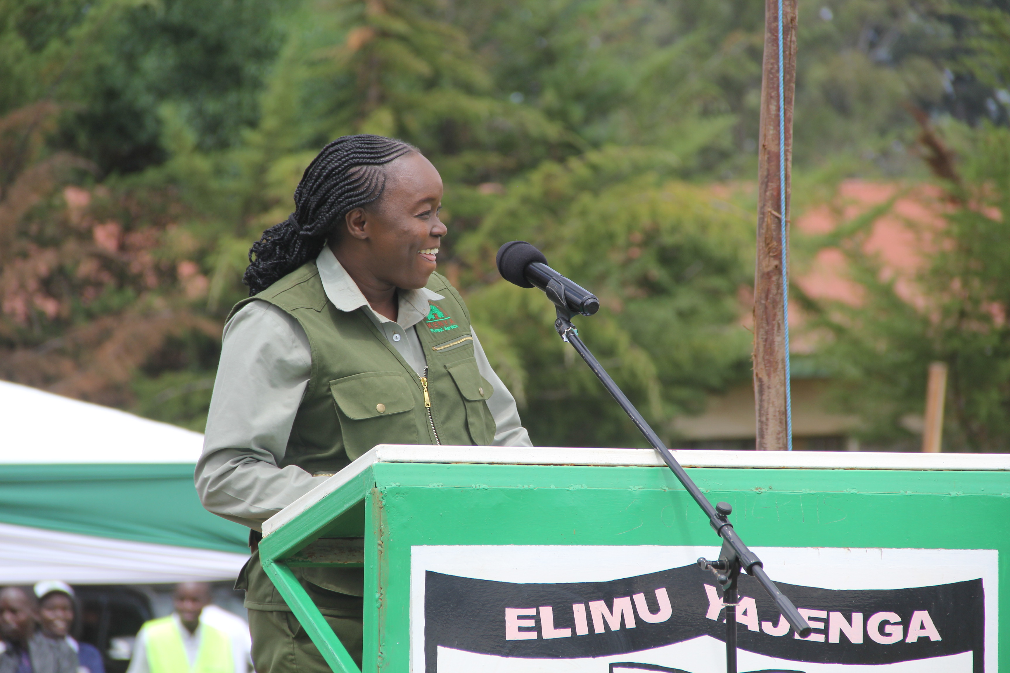 Cabinet Secretary (CS) Ministry of Environment,  Climate Change and Forestry, Dr. Deborah Mulongo  Barasa speaking during a tree growing event at  Wareng High School, Eldoret, Uasin Gishu County.