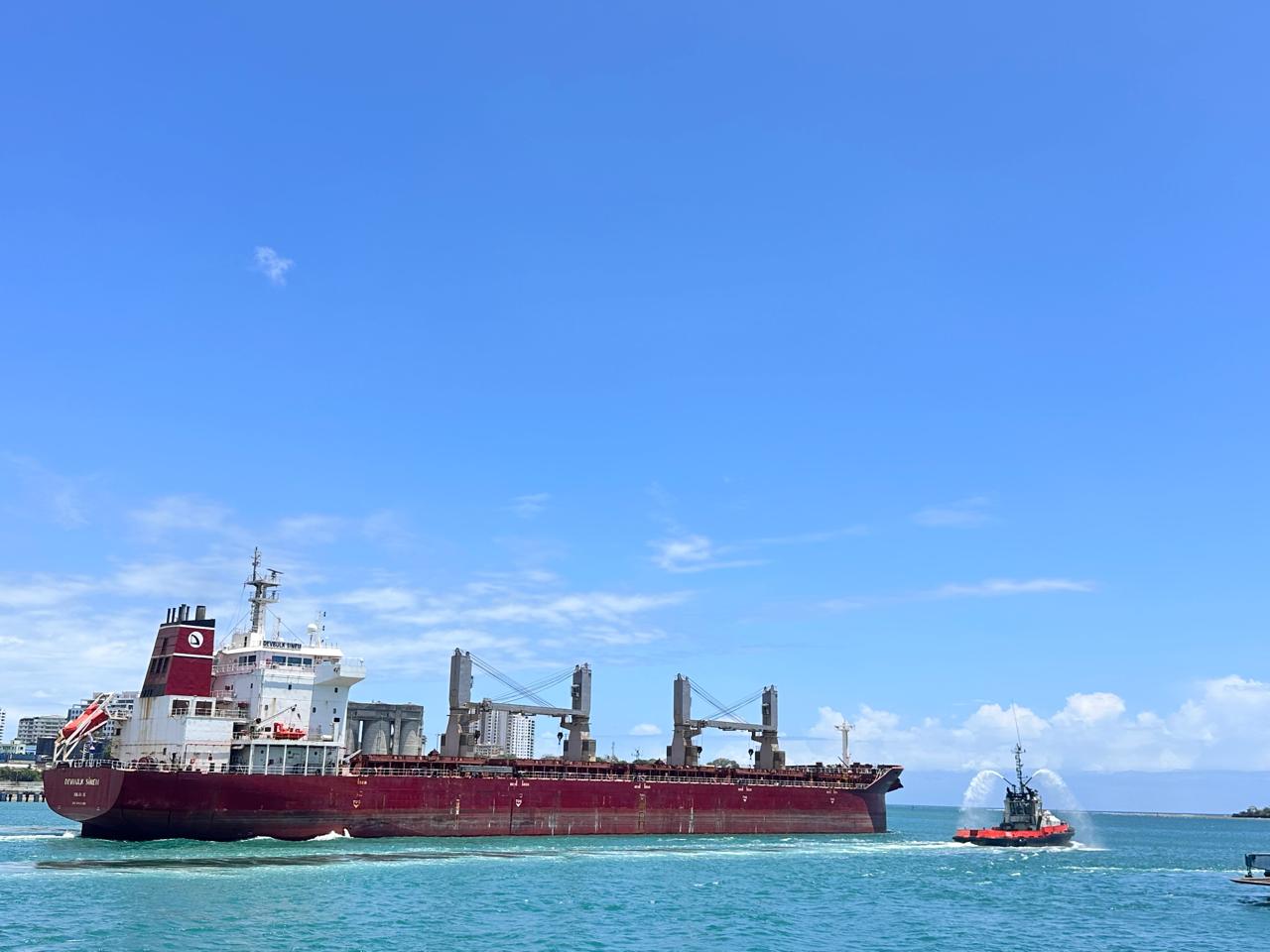 Aerial view of MV Devbulk Sinem, the 171st ship and the last bulk vessel to call Base Titanium as it leaves the port Facility, transporting 4200 metric tons of Rutile to the U.S.