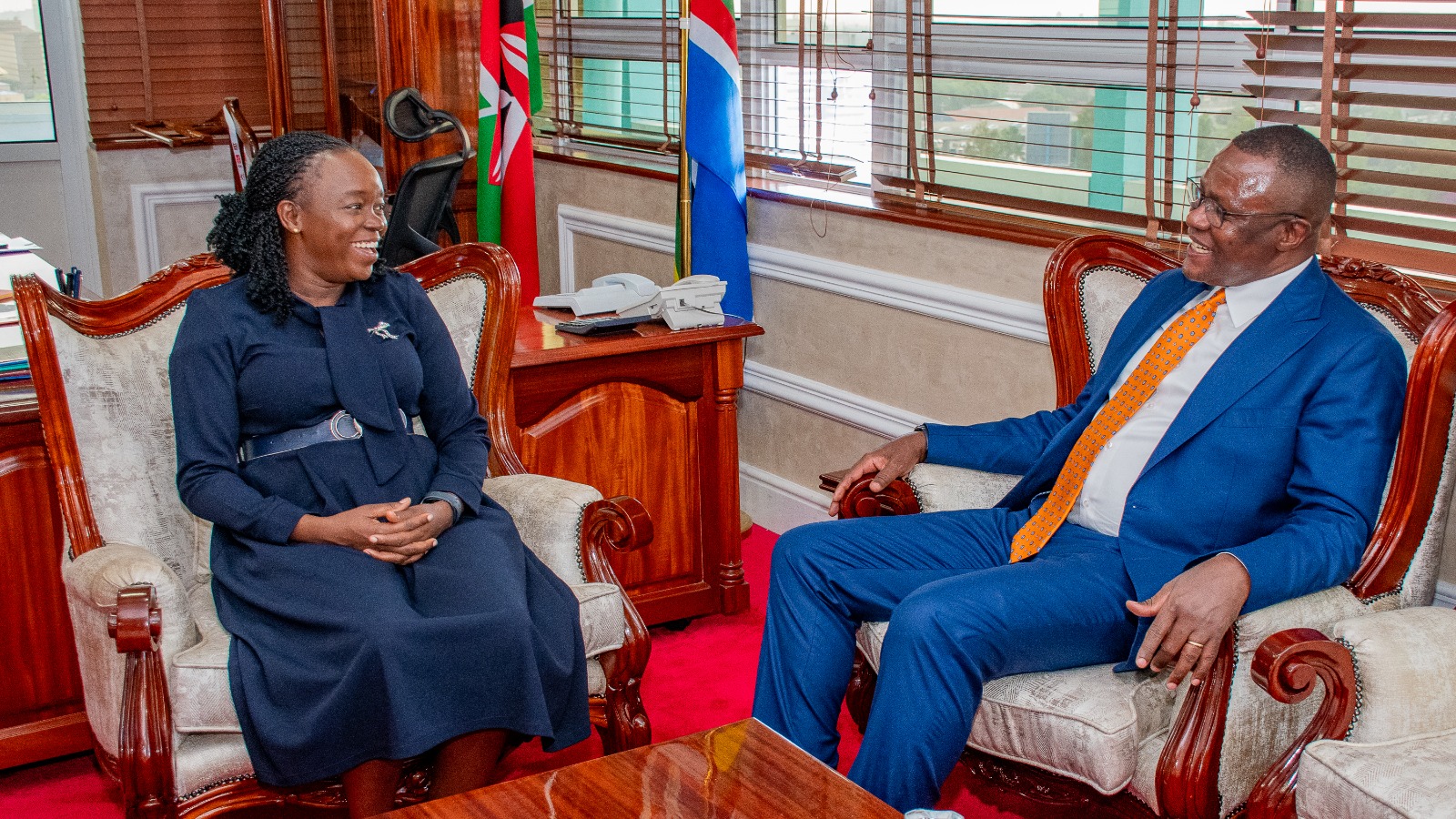 Deputy Chief of Staff for Performance and Delivery Management Eliud Owalo and Health CS Debra Mulongo Barasa  during a performance evaluation event. Photo/GDU
