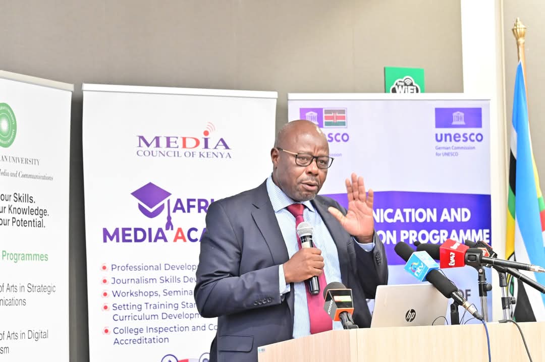 The Principal Secretary (PS) for State Department of Broadcasting and Telecommunications Prof Edward Kisiangani speaking during this year’s World Radio Day celebrations on Thursday at Aga Khan University Graduate School of Media and Communication in Nairobi.