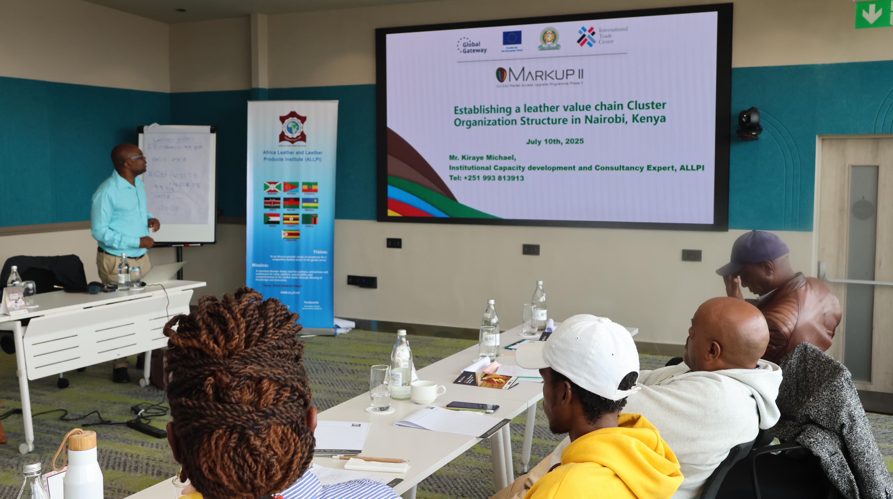 Mr Kiraye Michael, an Institutional capacity Development Expert at the African Leather and Leather Products Institute (ALLPI) trains traders and entrepre- neurs on Leather Cluster development.