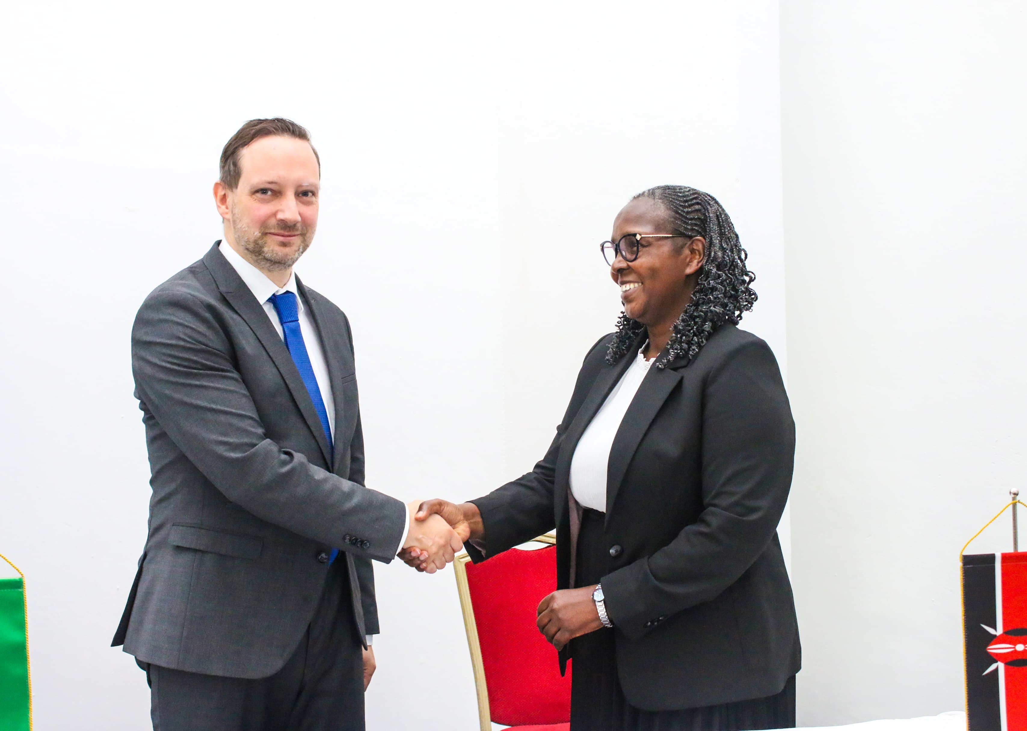 Principal Secretary State Department for Trade Regina Ombam and Tristan Azbej the  Hungarian State Secretary for Foreign Affairs and Trade during the Joint Economic and  Technical Committee meeting in Nairobi.