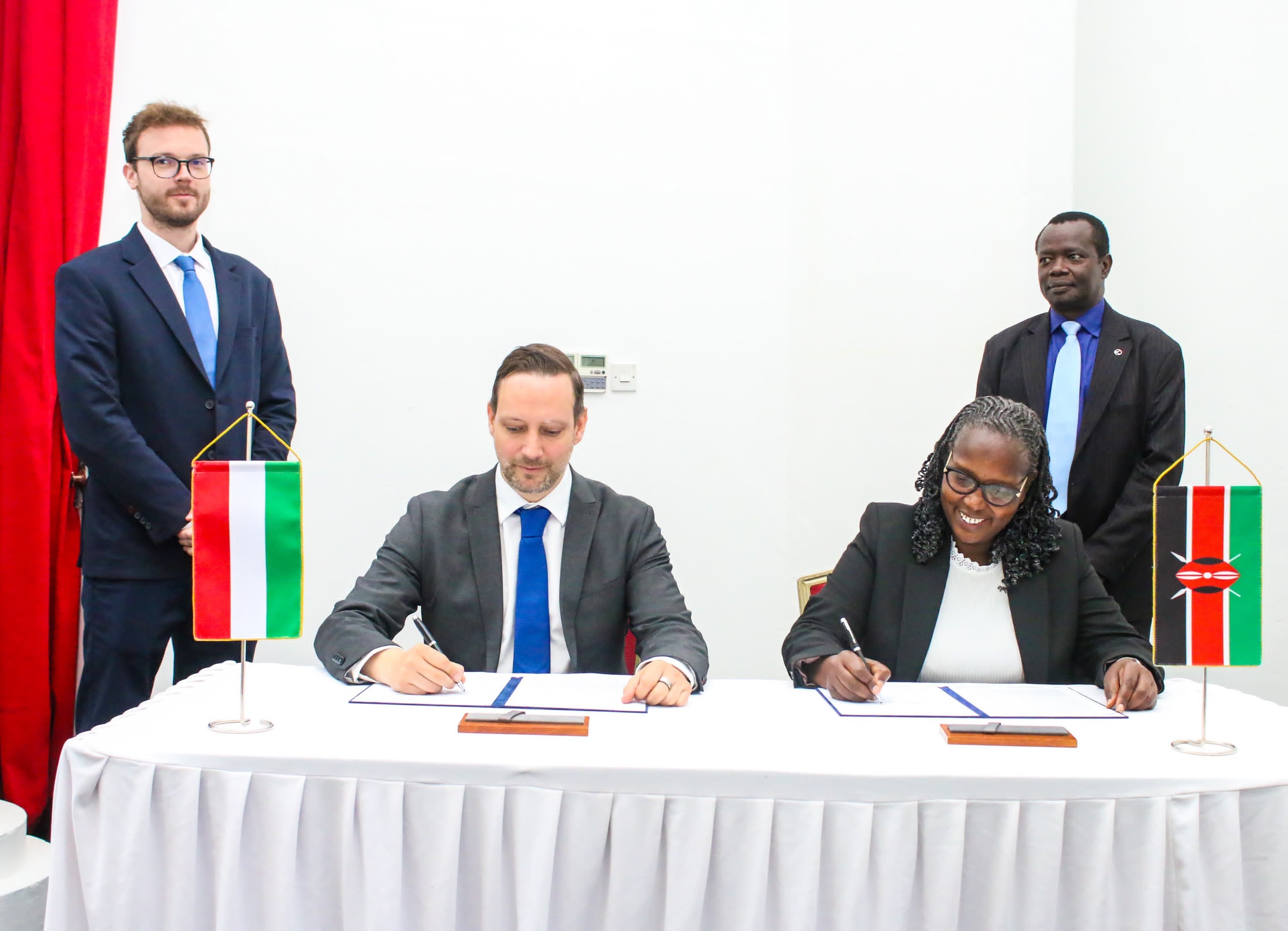 Principal Secretary State Department for Trade Regina Ombam and Tristan Azbej the  Hungarian State Secretary for Foreign Affairs and Trade during the Joint Economic and  Technical Committee meeting in Nairobi.