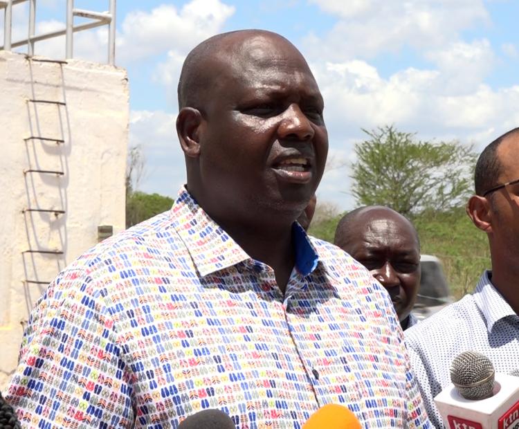 The Chairman of the National Assembly's Committee on Regional Development, Mr. Peter Lochakapong (Sigor), addresses journalists at the rubber dam within the Tana Delta Irrigation Project (TDIP) in Tana River County.