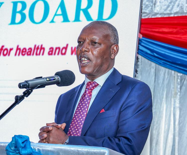 Agriculture and Livestock Development Cabinet Secretary (CS) Dr. Andrew Karanja speaking at the Kenya Dairy Board (KDB) head office during the launch of the cost of Milk Production Study Report (2024). Photo/ Gladys Njoka.