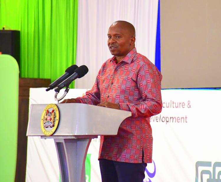 Deputy President (DP) Kithure Kindiki, gives keynote address when he officially opened the Tea Board of Kenya (TBK) centenary celebrations, in Mombasa. Photos/Andrew Hinga