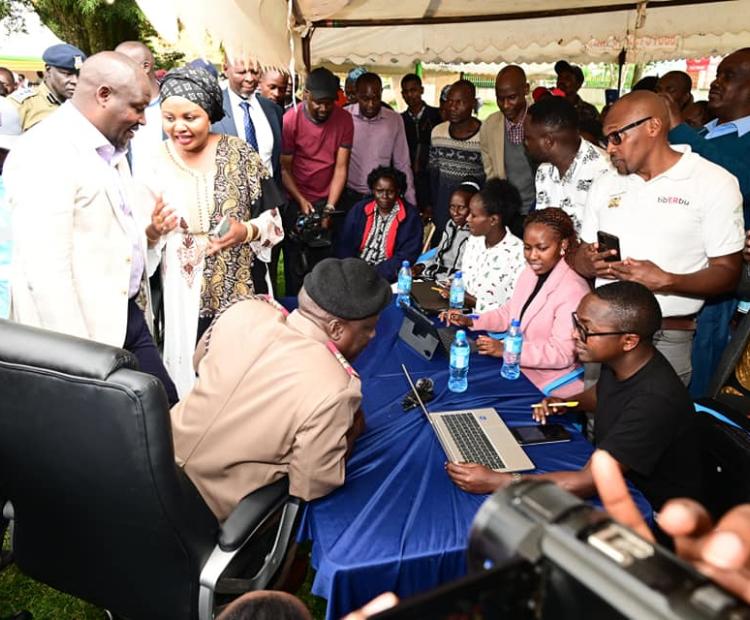 The Deputy Government Spokesperson, Mwanaisha Chidzuga,, Kericho Governor, Dr. Eric Mutai and Kericho County Commissioner, Gilbert Kitiyo, during official mass rollout of SHA/SHIF in Kericho County