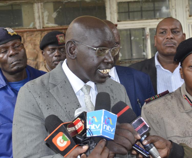 Basic Education PS Belio Kipsang addressing journalists in Meru County after supervision of the opening of the Kenya Certificate of Secondary Education (KCSE) container. Photo/Dickson Mwiti